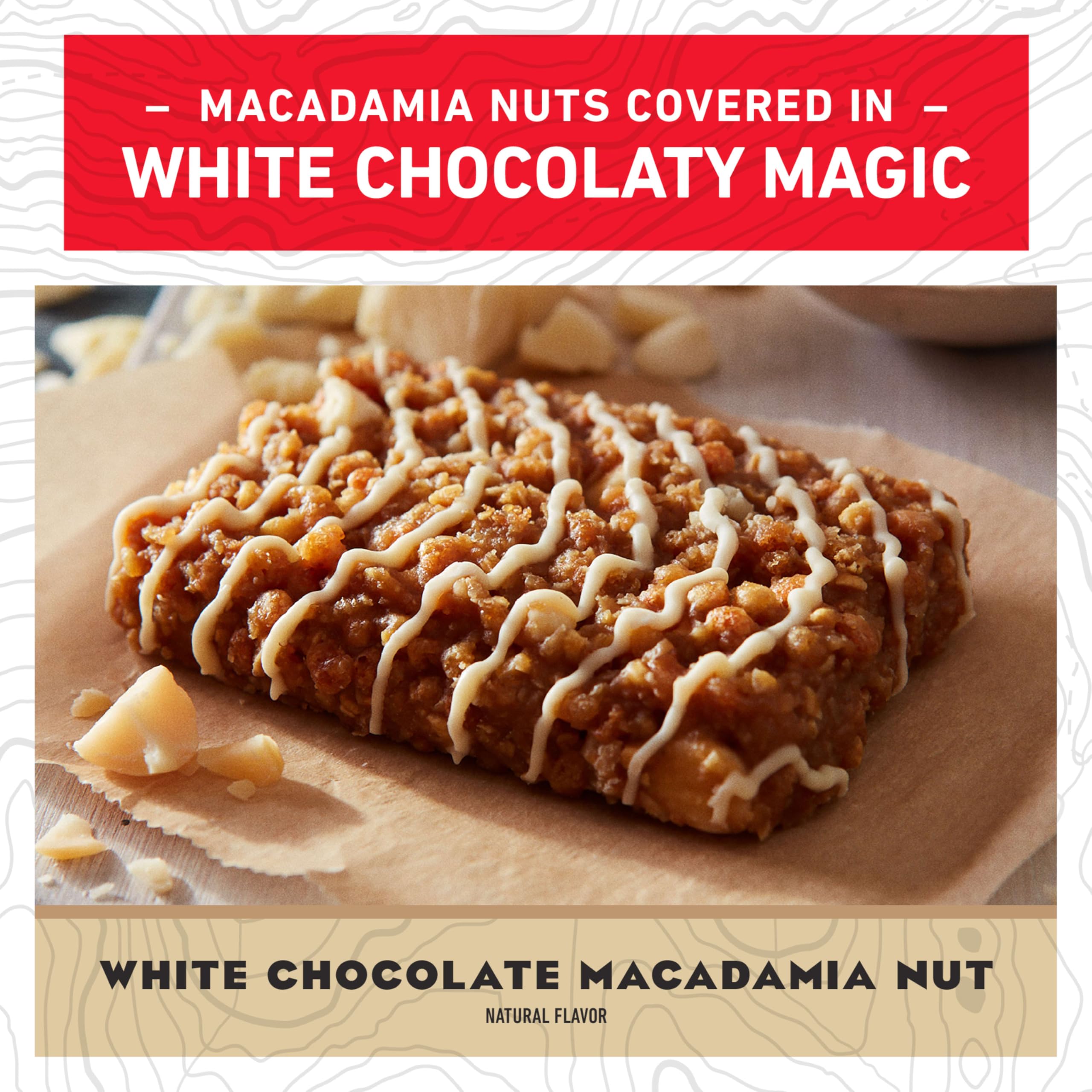 CLIF Bar white chocolate macadamia nut bar close-up showing creamy chocolate and nuts