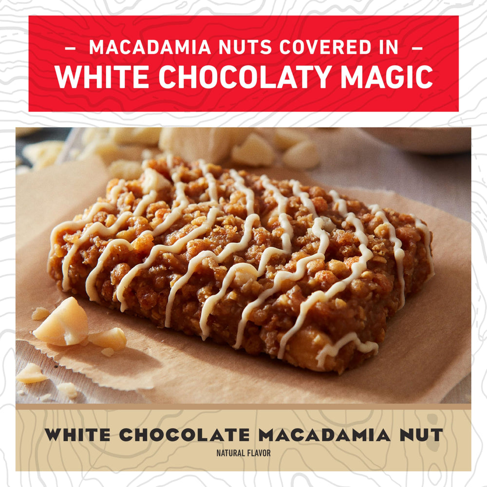 CLIF Bar white chocolate macadamia nut bar close-up showing creamy chocolate and nuts
