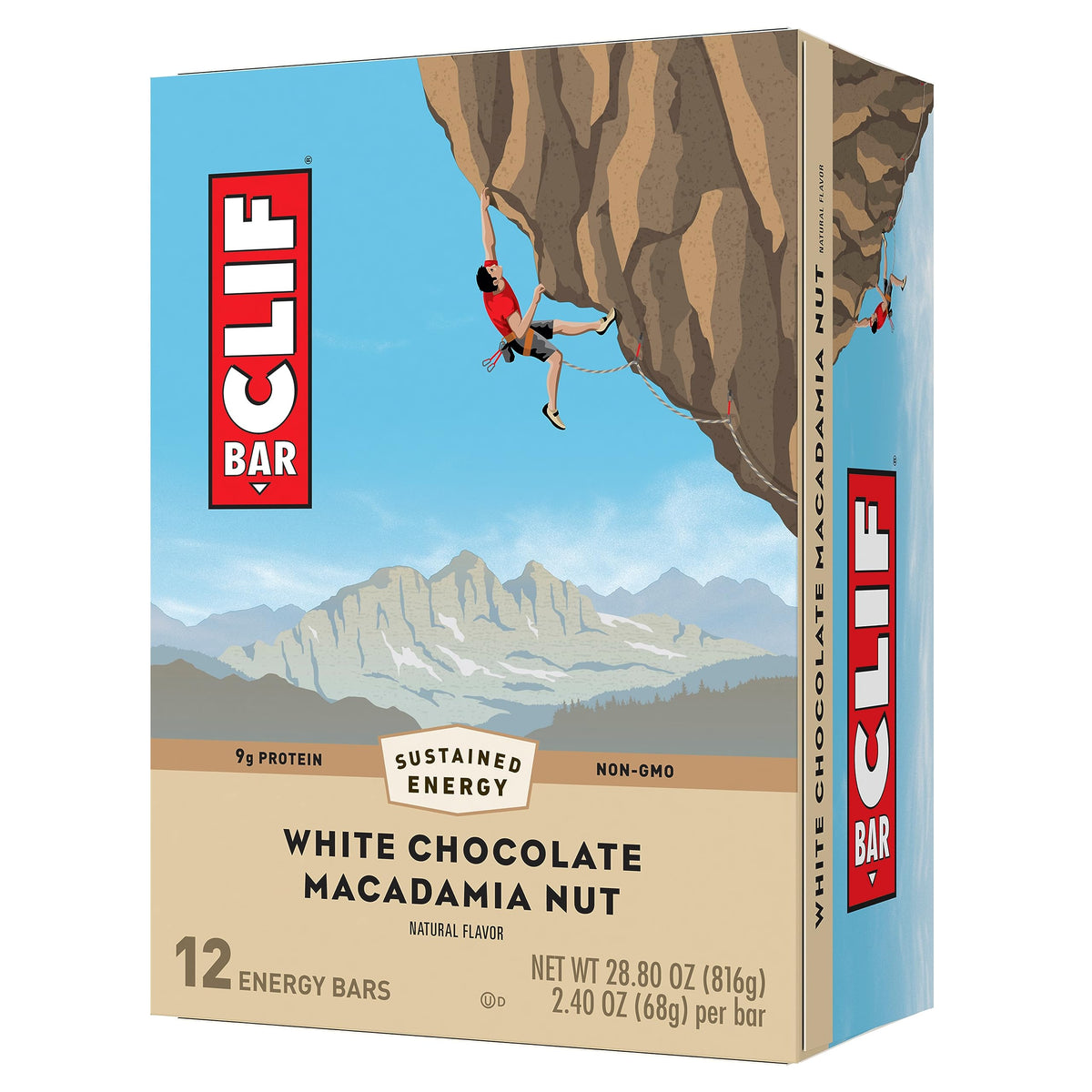 CLIF Bar White Chocolate Macadamia Nut packaging ready for on-the-go energy