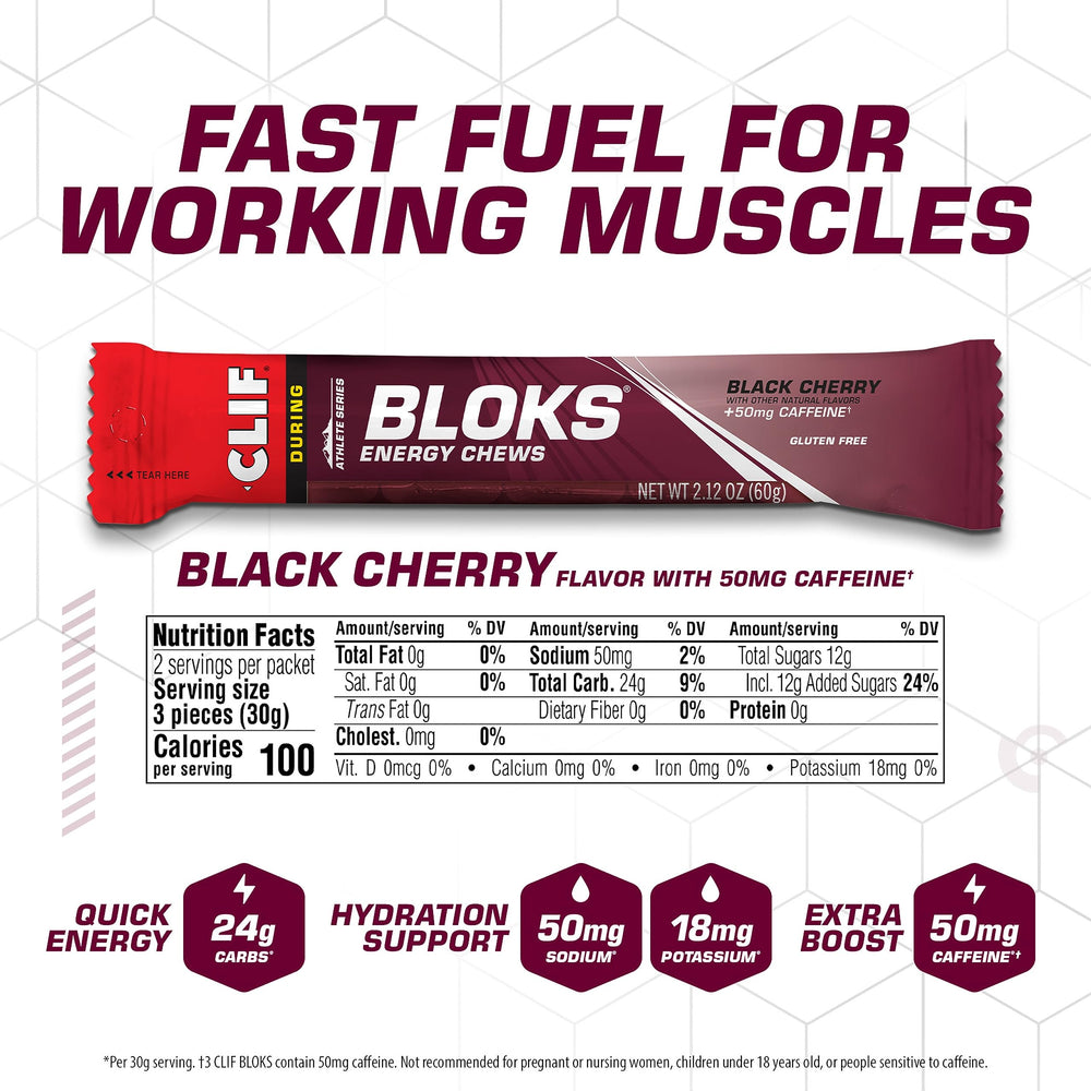 Close-up of CLIF BLOKS Black Cherry chews highlighting chewy texture
