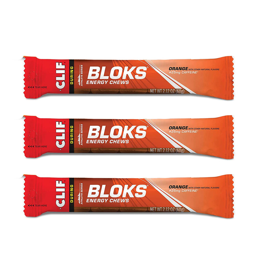 Clif Bloks Orange Energy Chews with 25 mg caffeine for fast cycling energy.