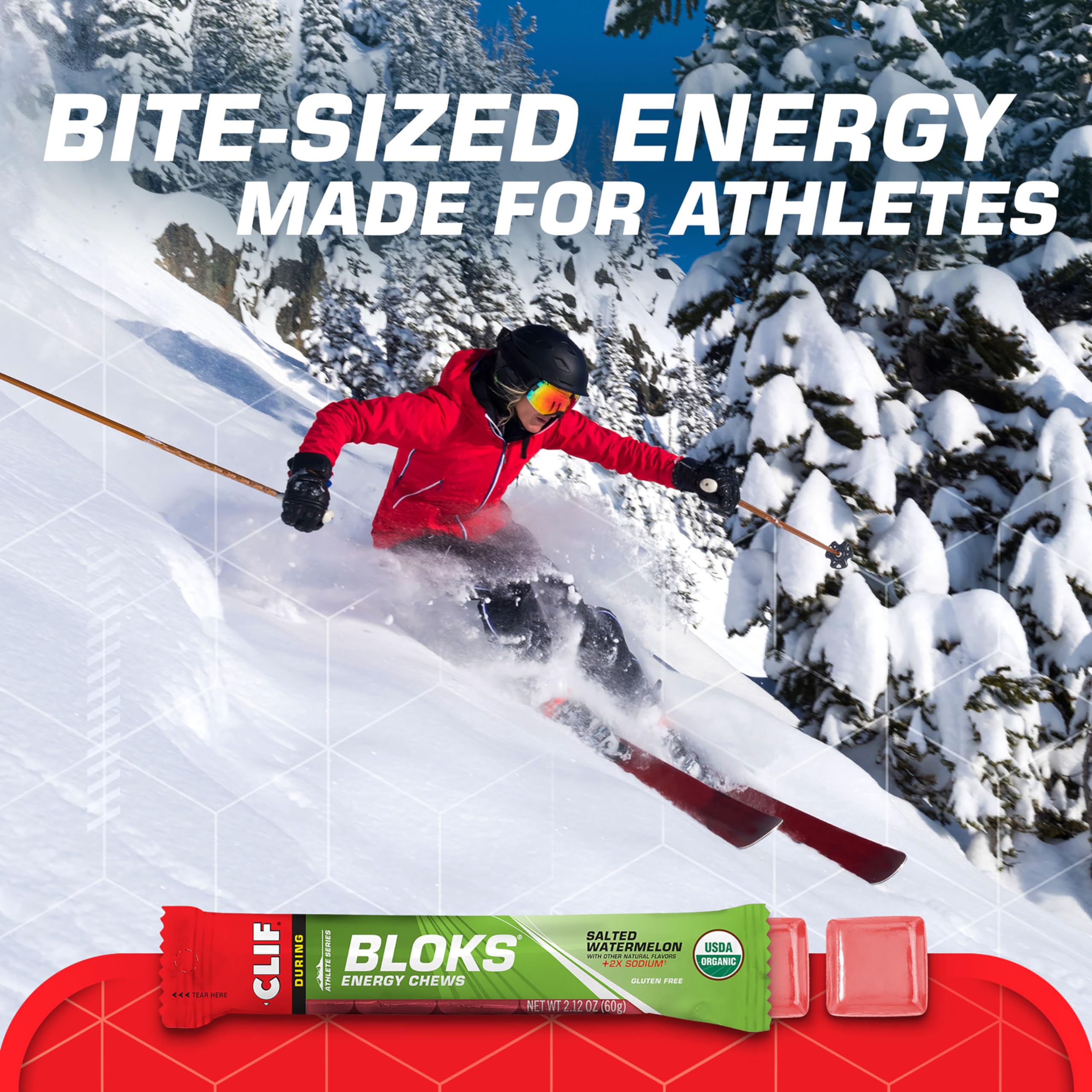 Texture close-up showing soft, easy-to-chew CLIF BLOKS during activity.