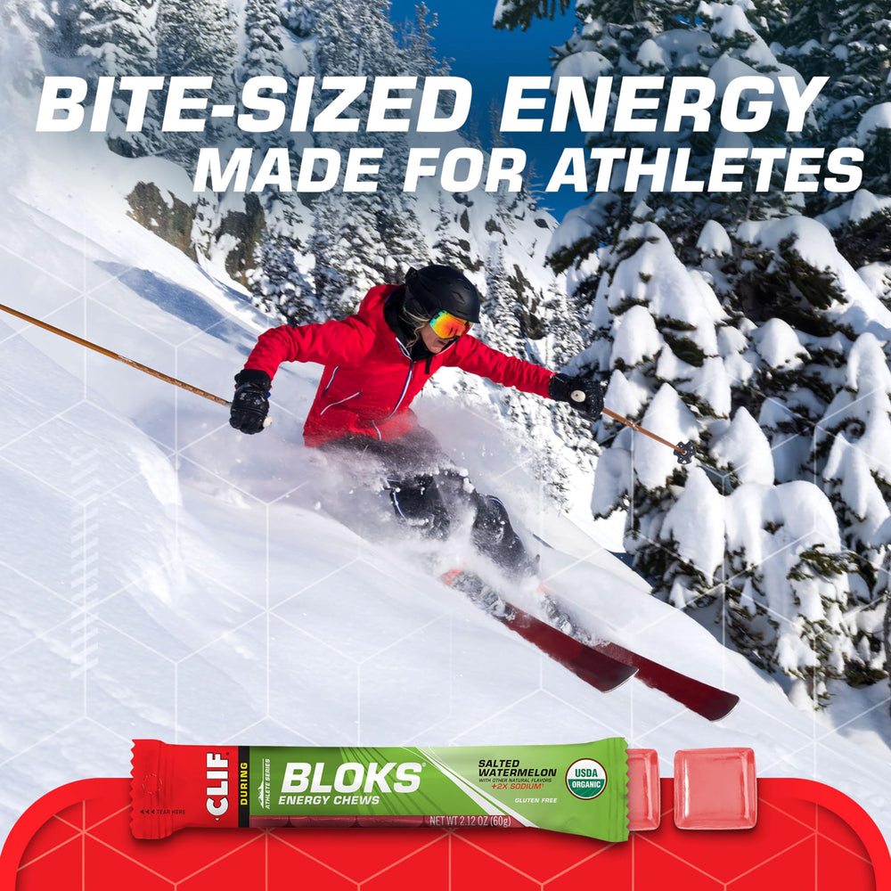 Texture close-up showing soft, easy-to-chew CLIF BLOKS during activity.