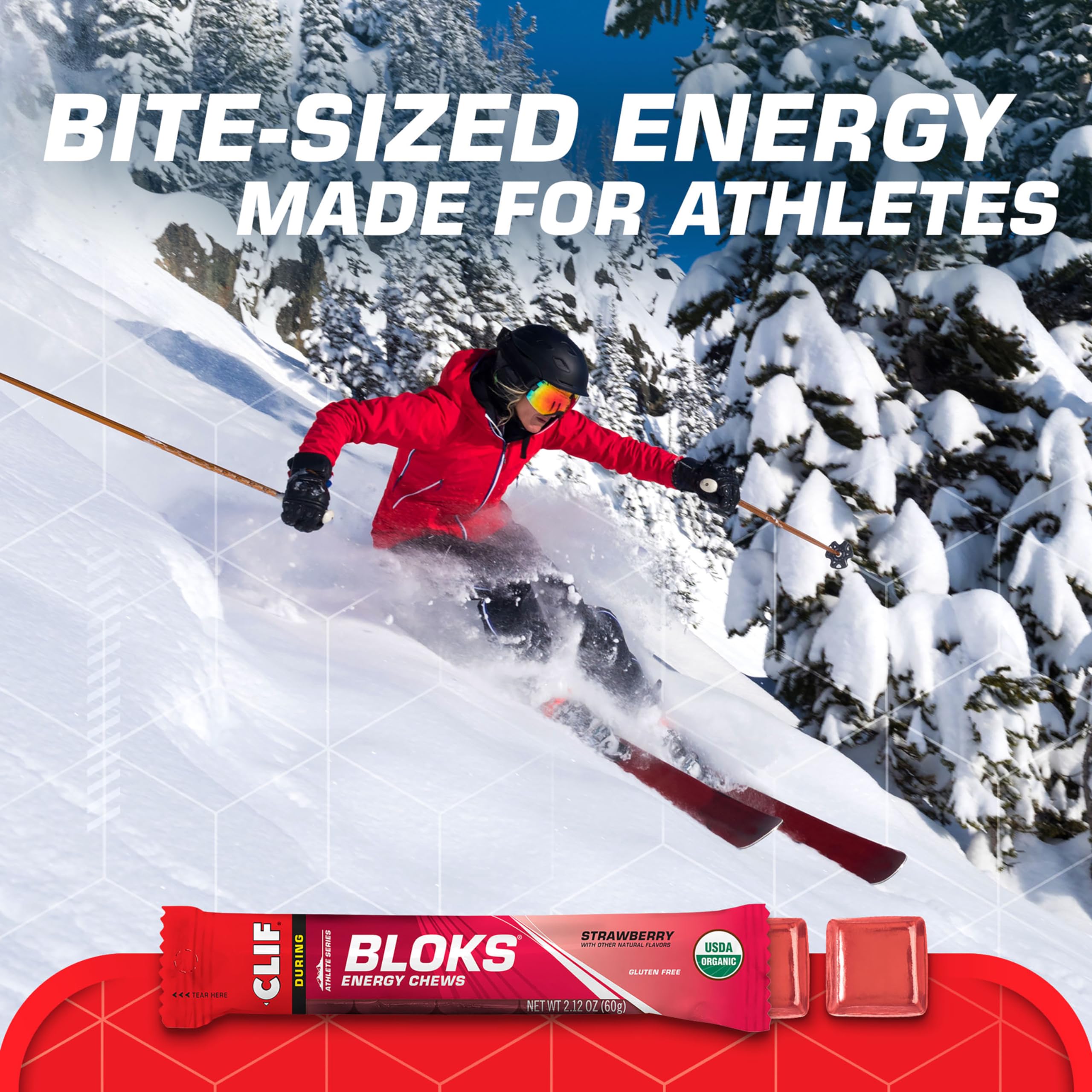 Bite-size CLIF BLOKS Strawberry flavor cubes delivering 24g carbs per serving.