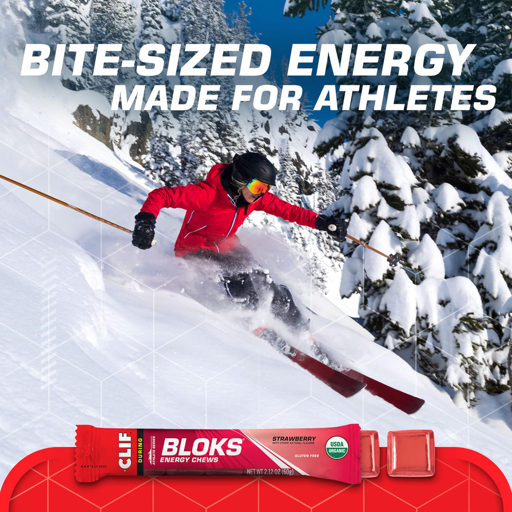 Bite-size CLIF BLOKS Strawberry flavor cubes delivering 24g carbs per serving.
