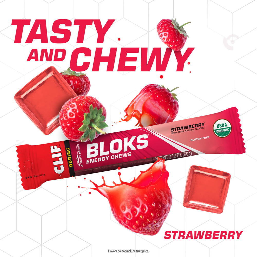 CLIF BLOKS Strawberry flavor packaging highlighting USDA Organic and non-GMO attributes.
