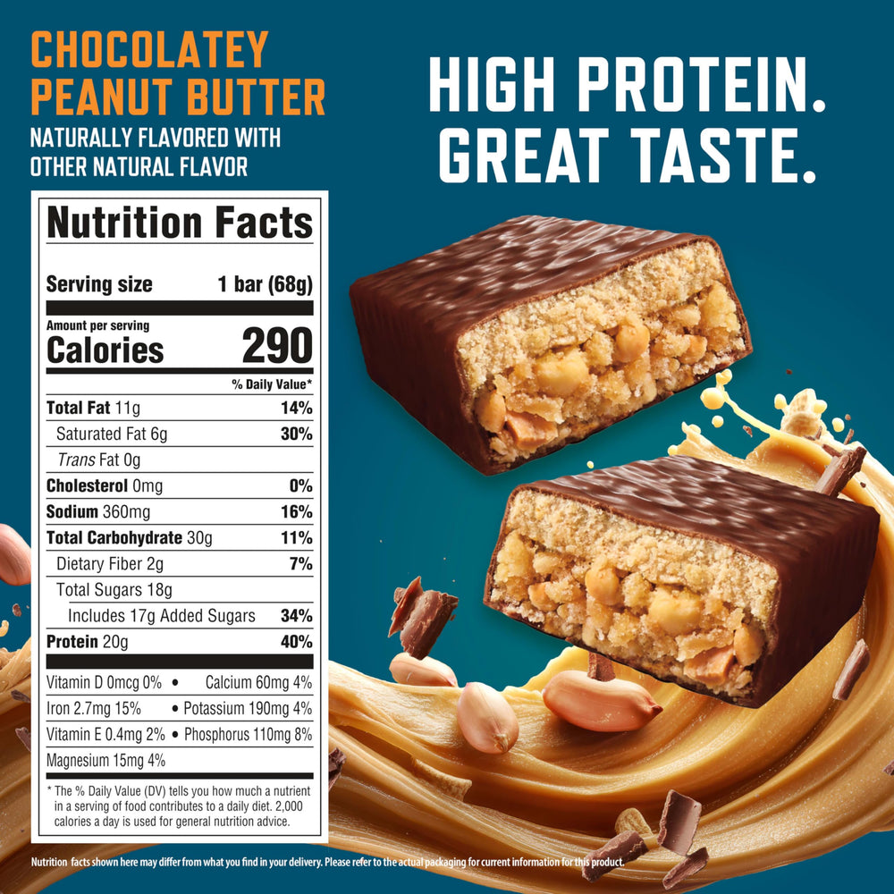 CLIF BUILDERS chocolate peanut butter bar closeup, rich flavor with 20g plant protein