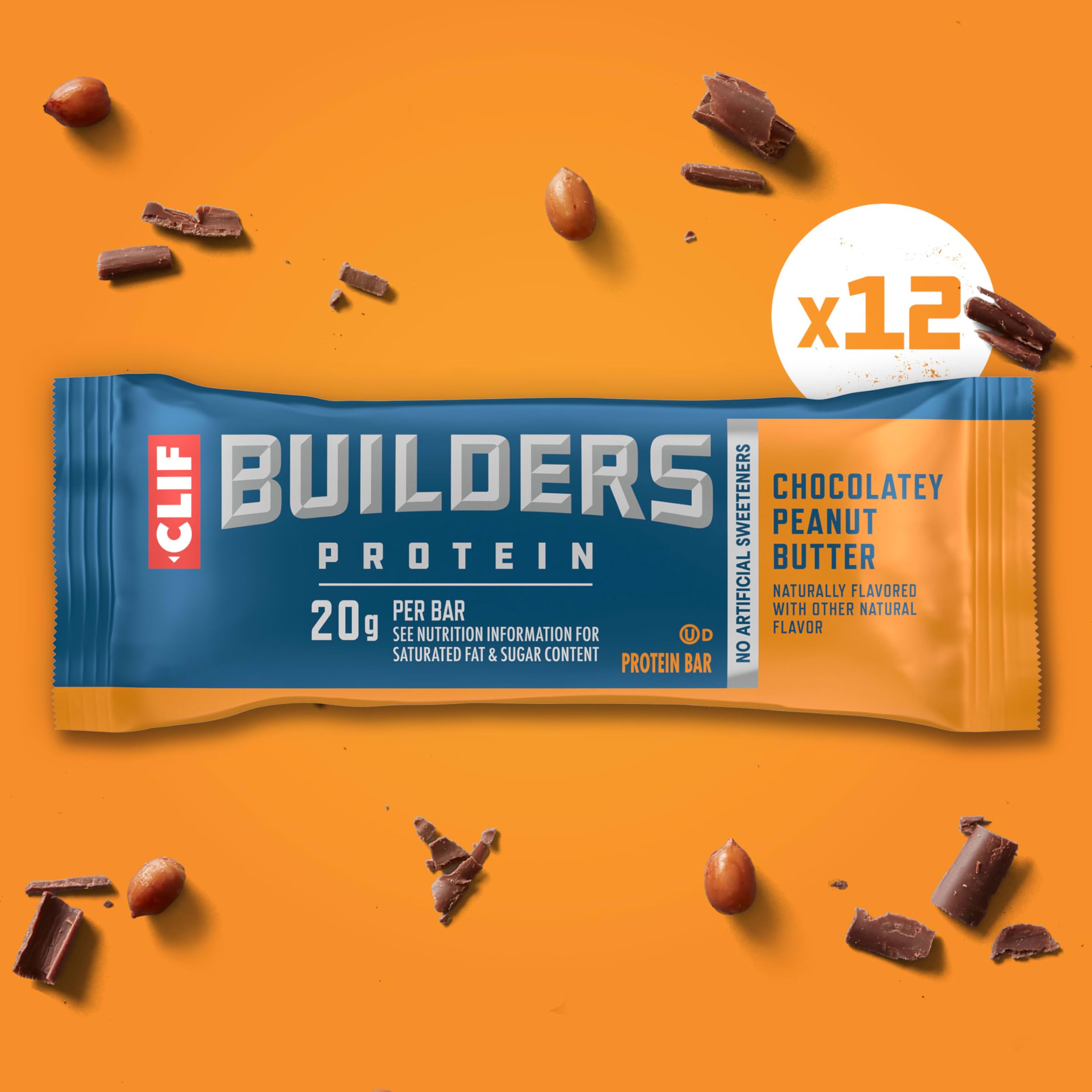 CLIF BUILDERS chocolate peanut butter nutrition panel, gluten free and non-GMO