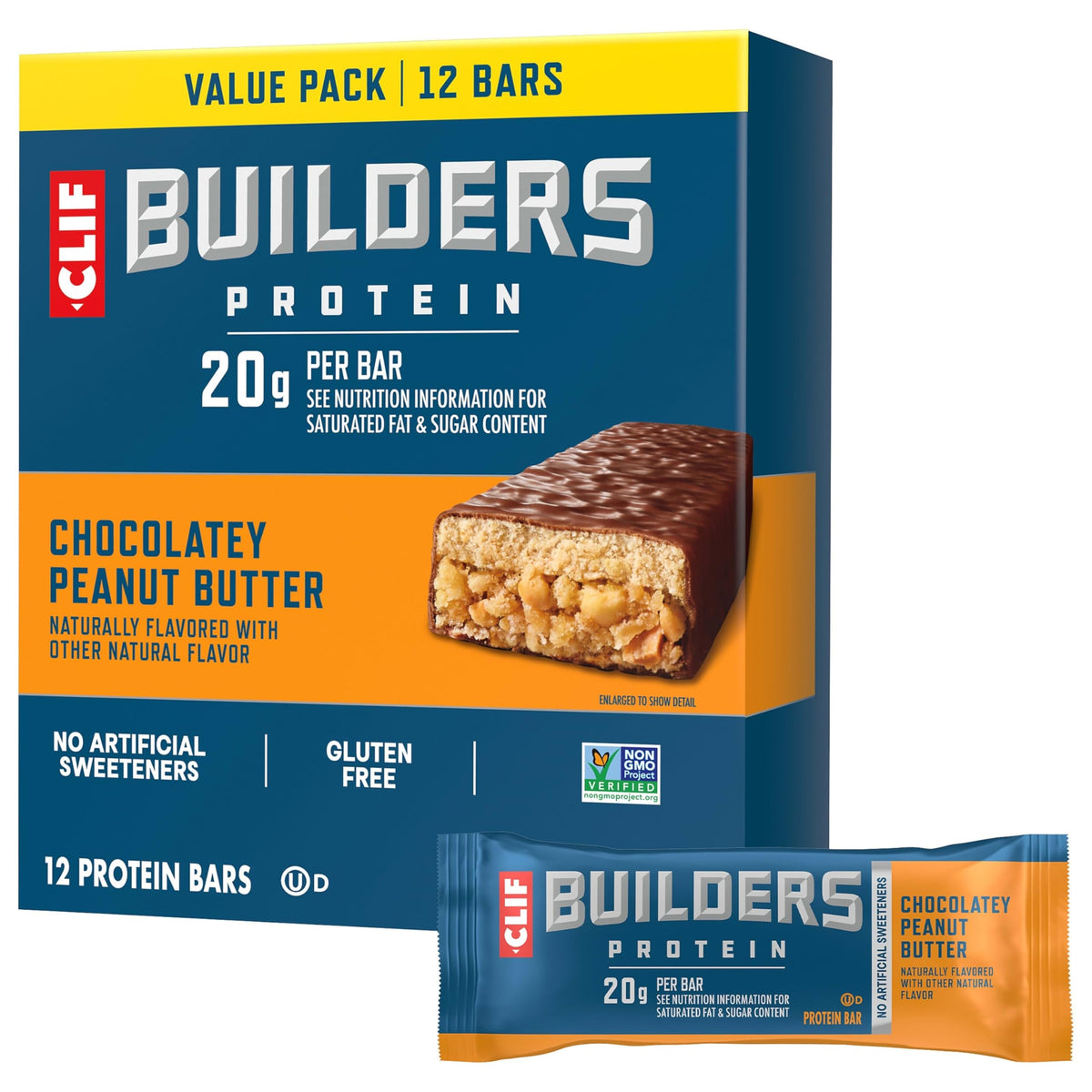 CLIF BUILDERS chocolate peanut butter bar packaging, on-the-go energy for active days