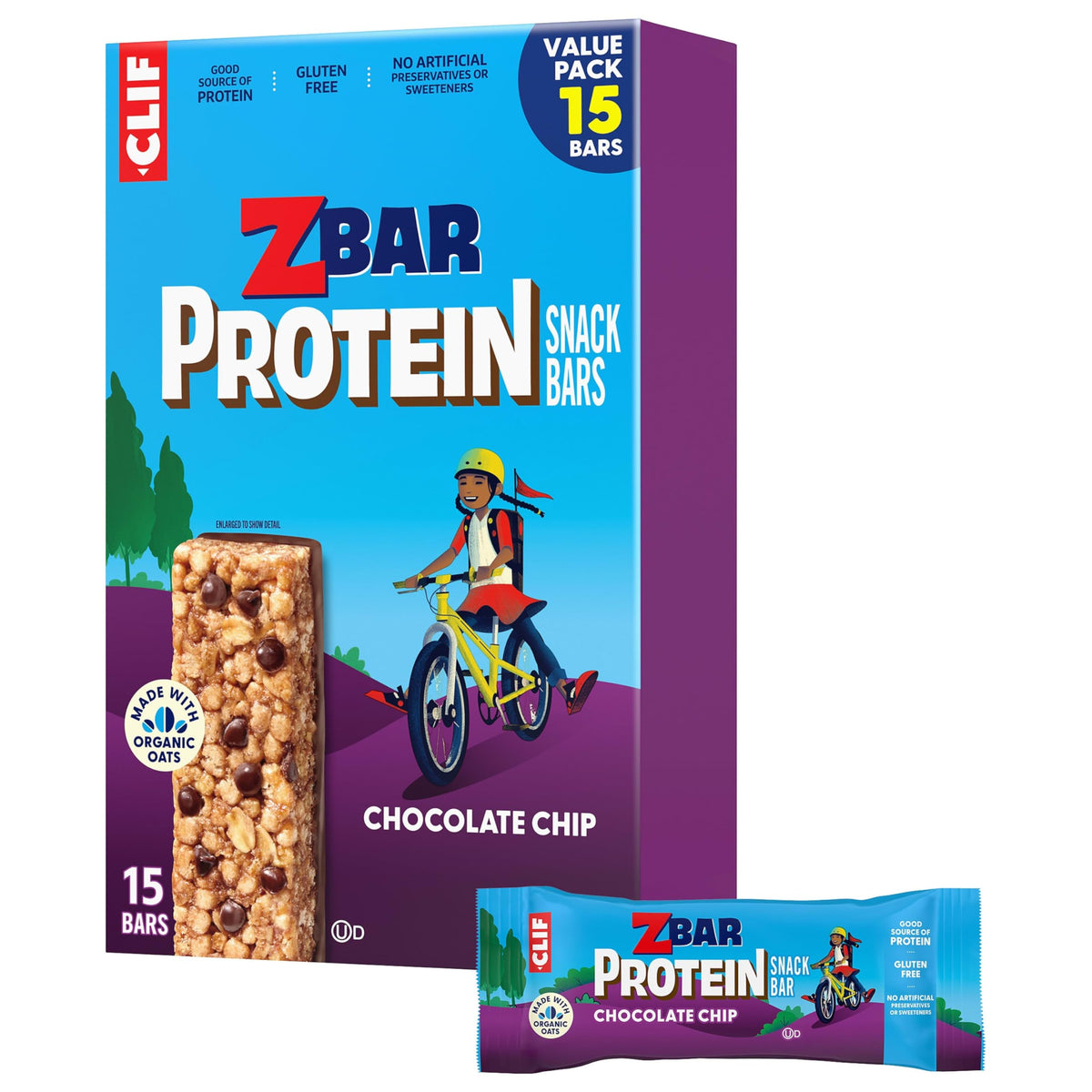 Clif Kid Zbar Protein Chocolate Chip Crispy Bar with chocolate chips and crunchy texture, protein-rich for active kids.