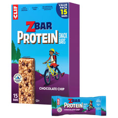 Clif Kid Zbar Protein Chocolate Chip Crispy Bar with chocolate chips and crunchy texture, protein-rich for active kids.