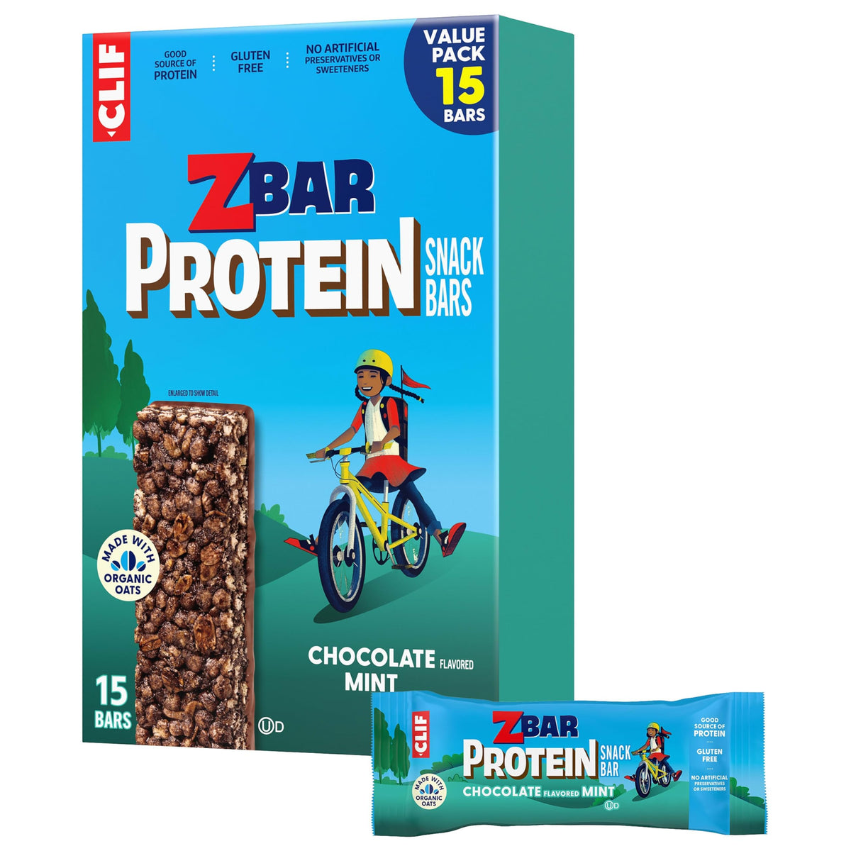 Clif Kid ZBar Protein packaging close-up shows branding and wholesome ingredients