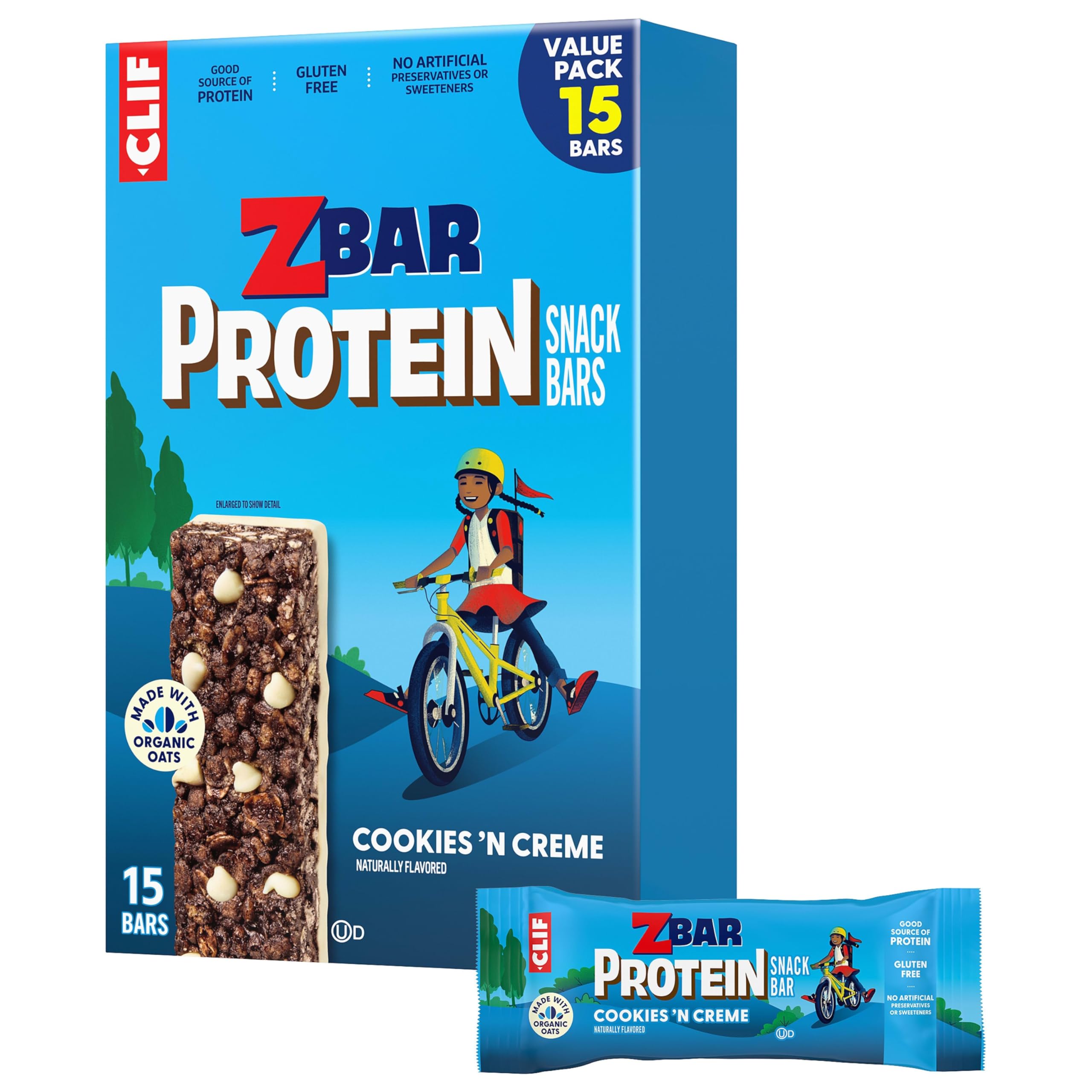 Clif Kid Zbar Protein Cookies 'N Creme packaging highlights gluten-free, non-GMO snack.