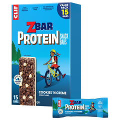 Clif Kid Zbar Protein Cookies 'N Creme packaging highlights gluten-free, non-GMO snack.