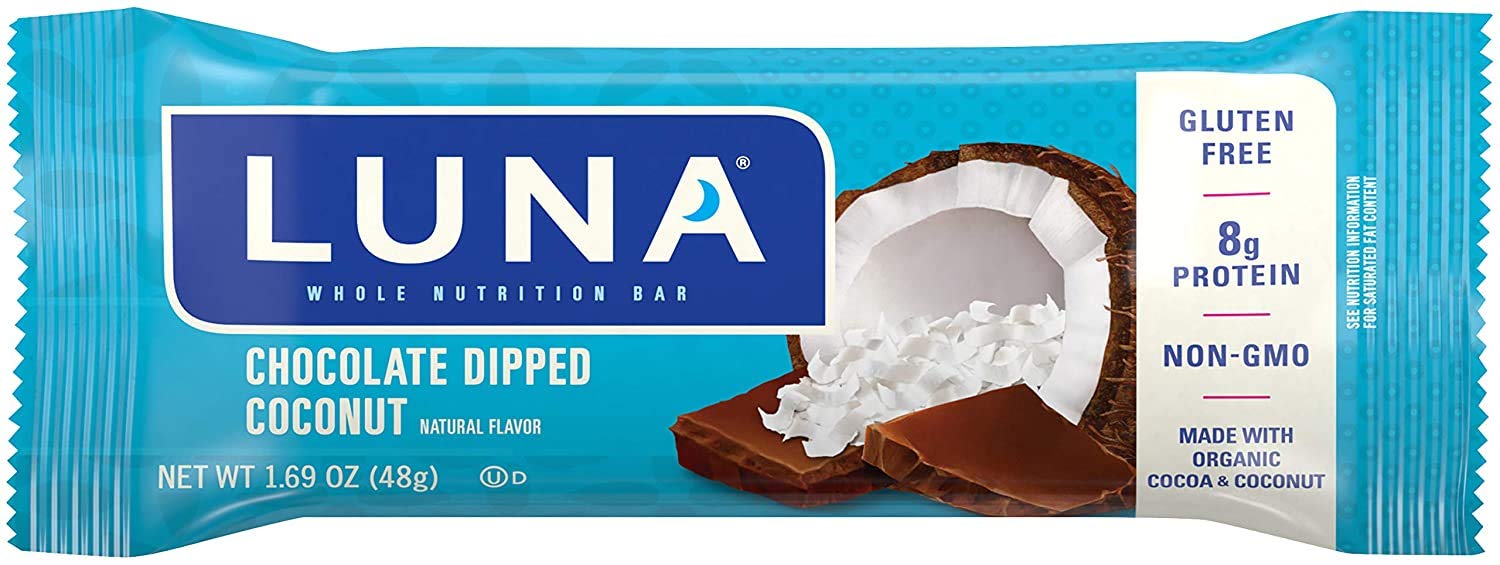 Close-up of CLIF LUNA BAR Chocolate Dipped Coconut texture and coating