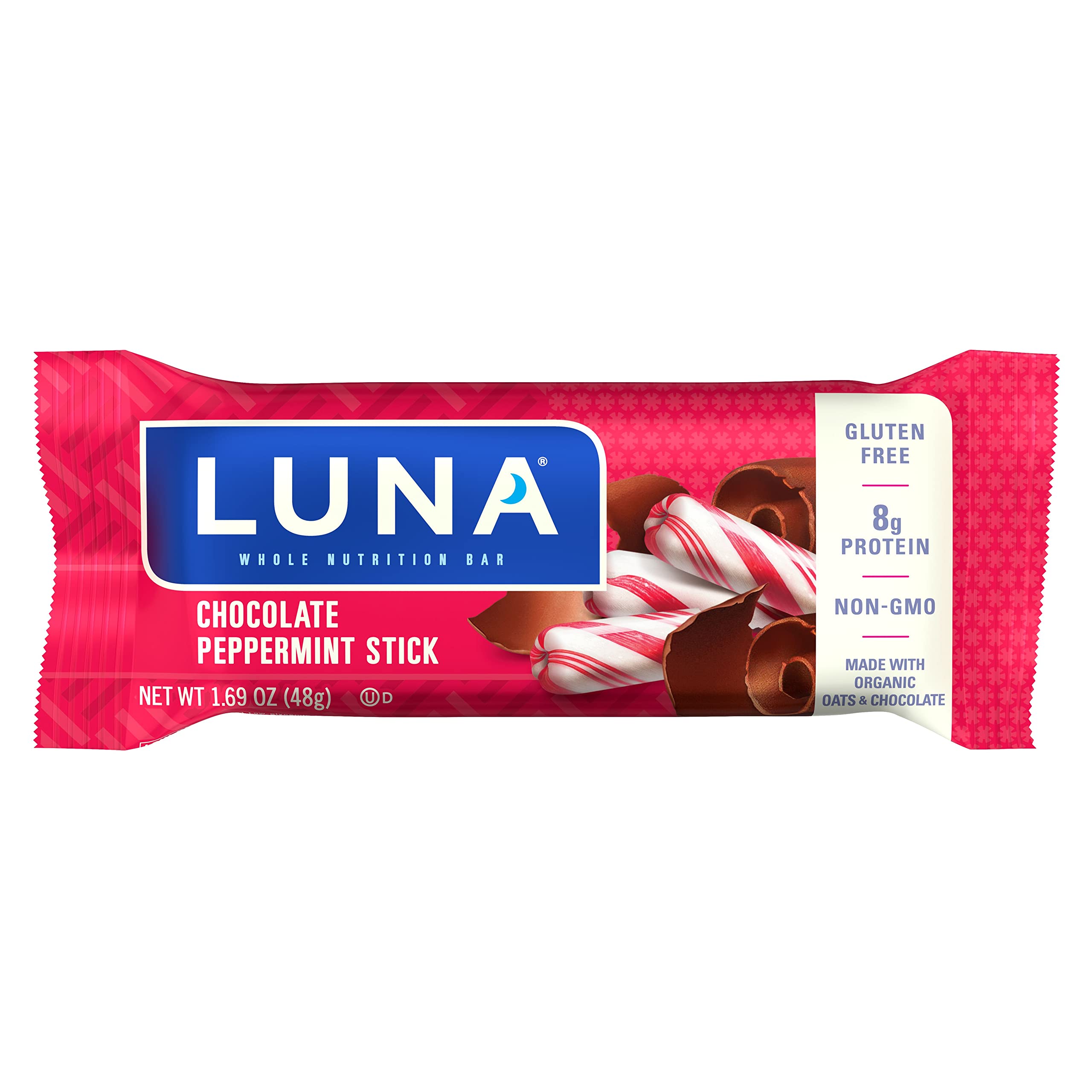 Close-up of LUNA Bar Chocolate Peppermint Stick showing cocoa and mint aroma.