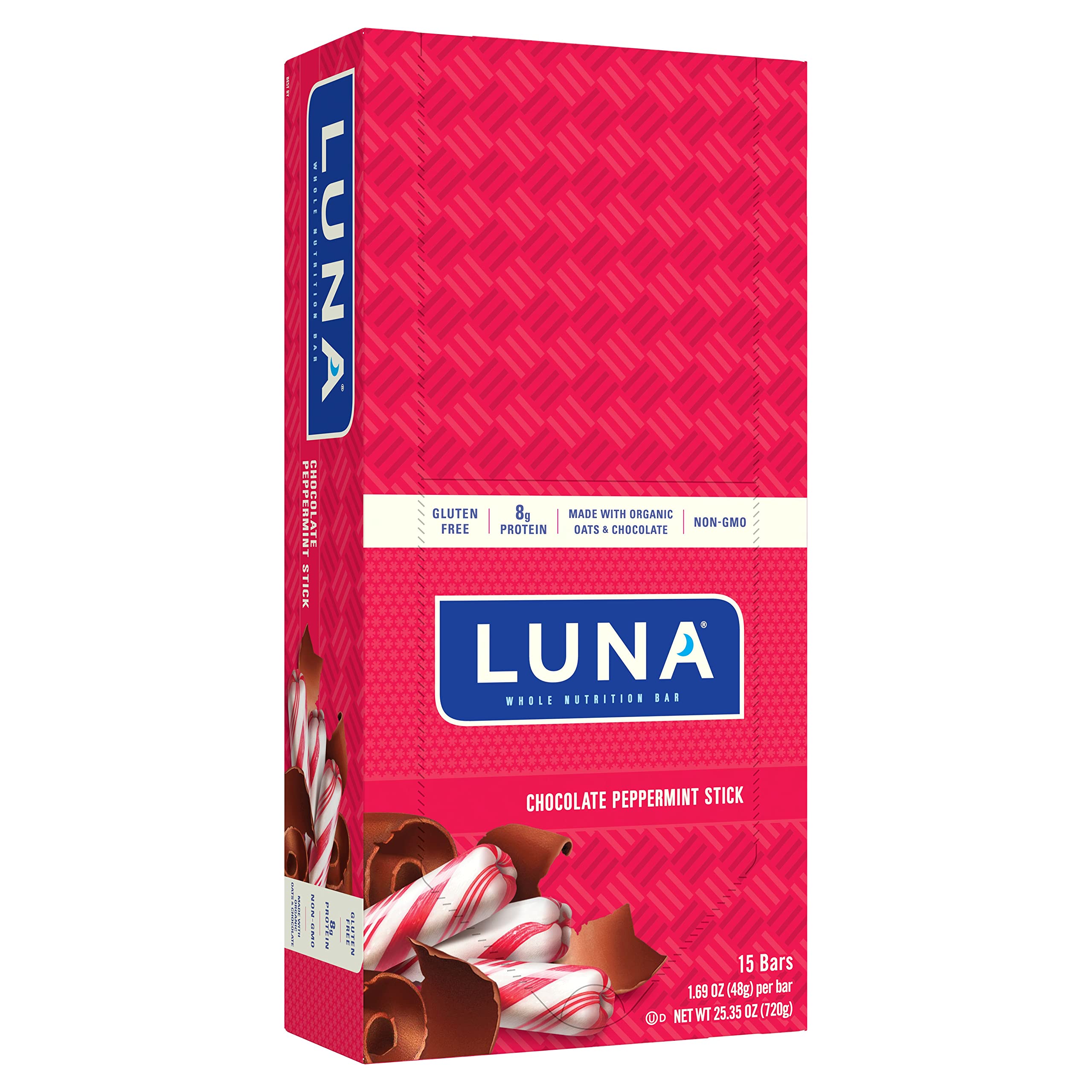 LUNA Bar chocolate peppermint stick packaging highlights gluten-free, plant-based nutrition on the go.