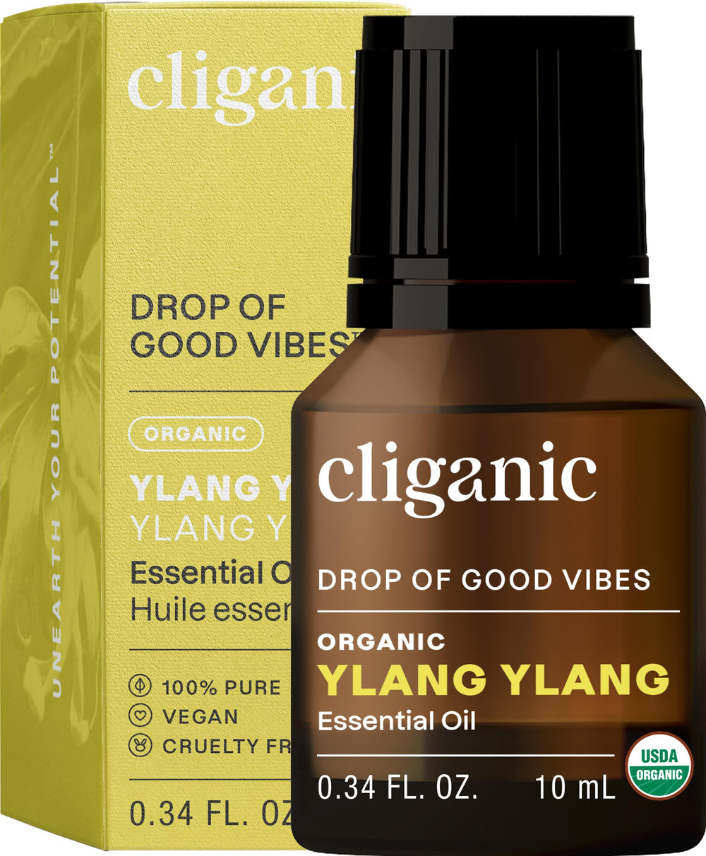 Cliganic Aceite Orgánico de Ylang Ylang, frasco compacto con aroma puro para aromaterapia.