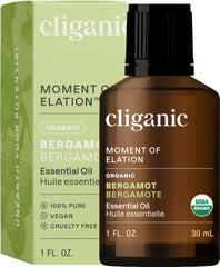 Cliganic bergamot essential oil bottle highlights purity for aromatherapy use