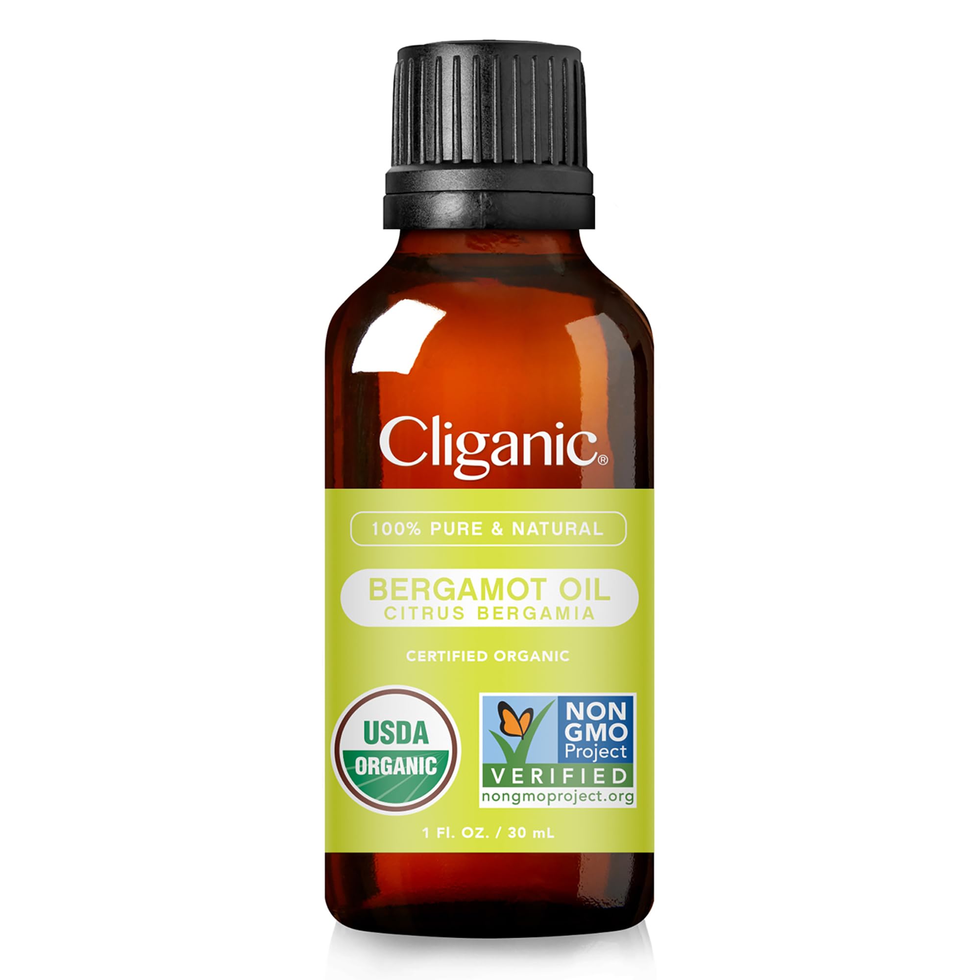 Cliganic bergamot oil bottle with purity lab-check badge