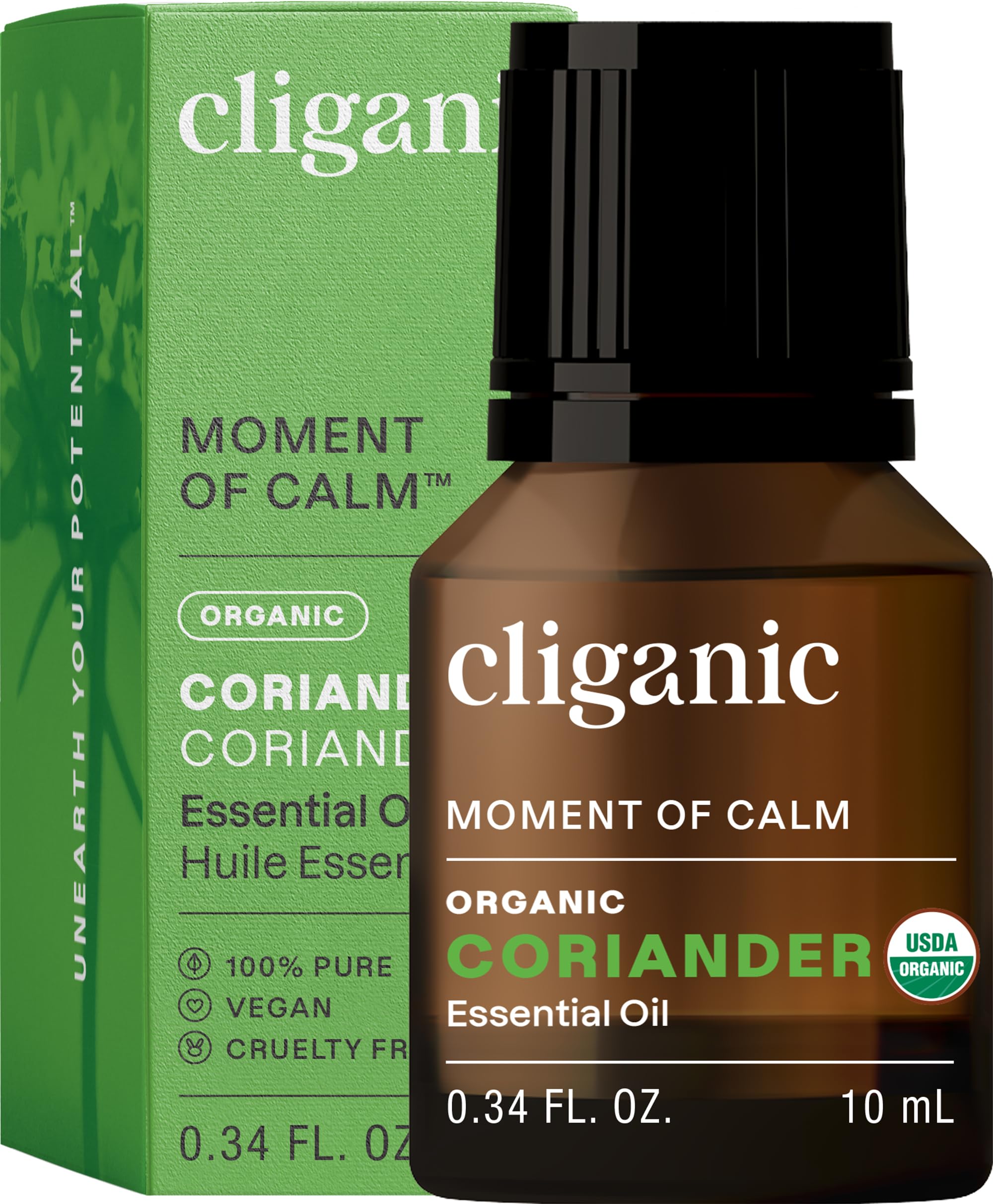 Cliganic coriander seed oil bottle for pure aromatherapy sessions.