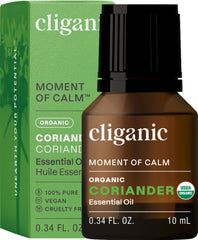 Cliganic coriander seed oil bottle for pure aromatherapy sessions.