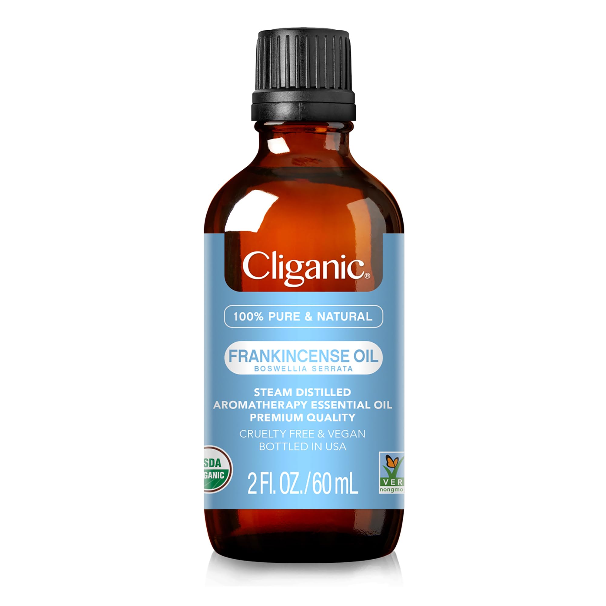 Cliganic Frankincense oil pour showing purity and single-ingredient formula.