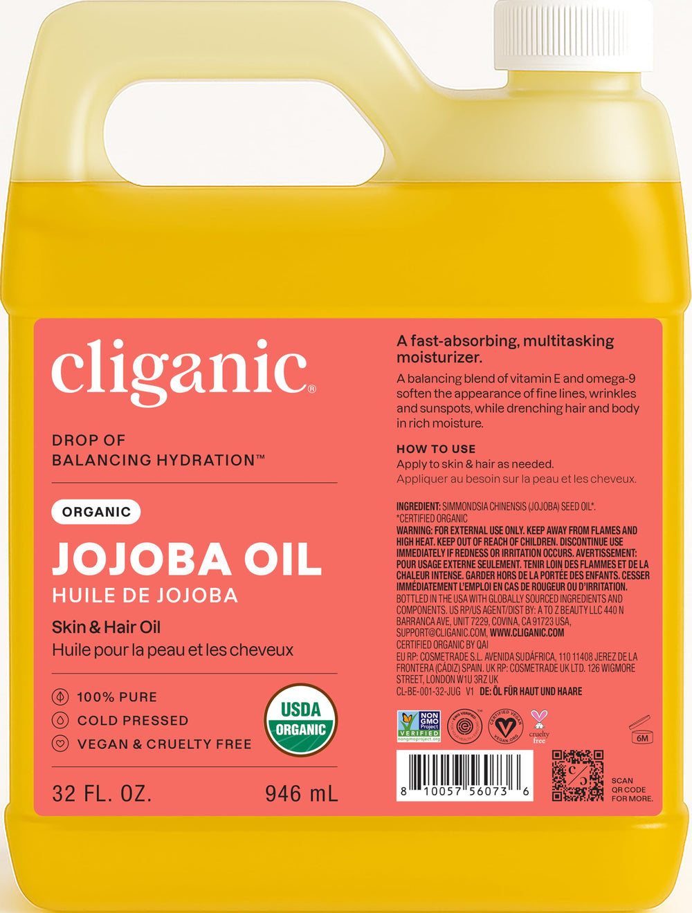 Cliganic Jojoba Oil 32oz bottle close-up for hair hydration and skin nourishment