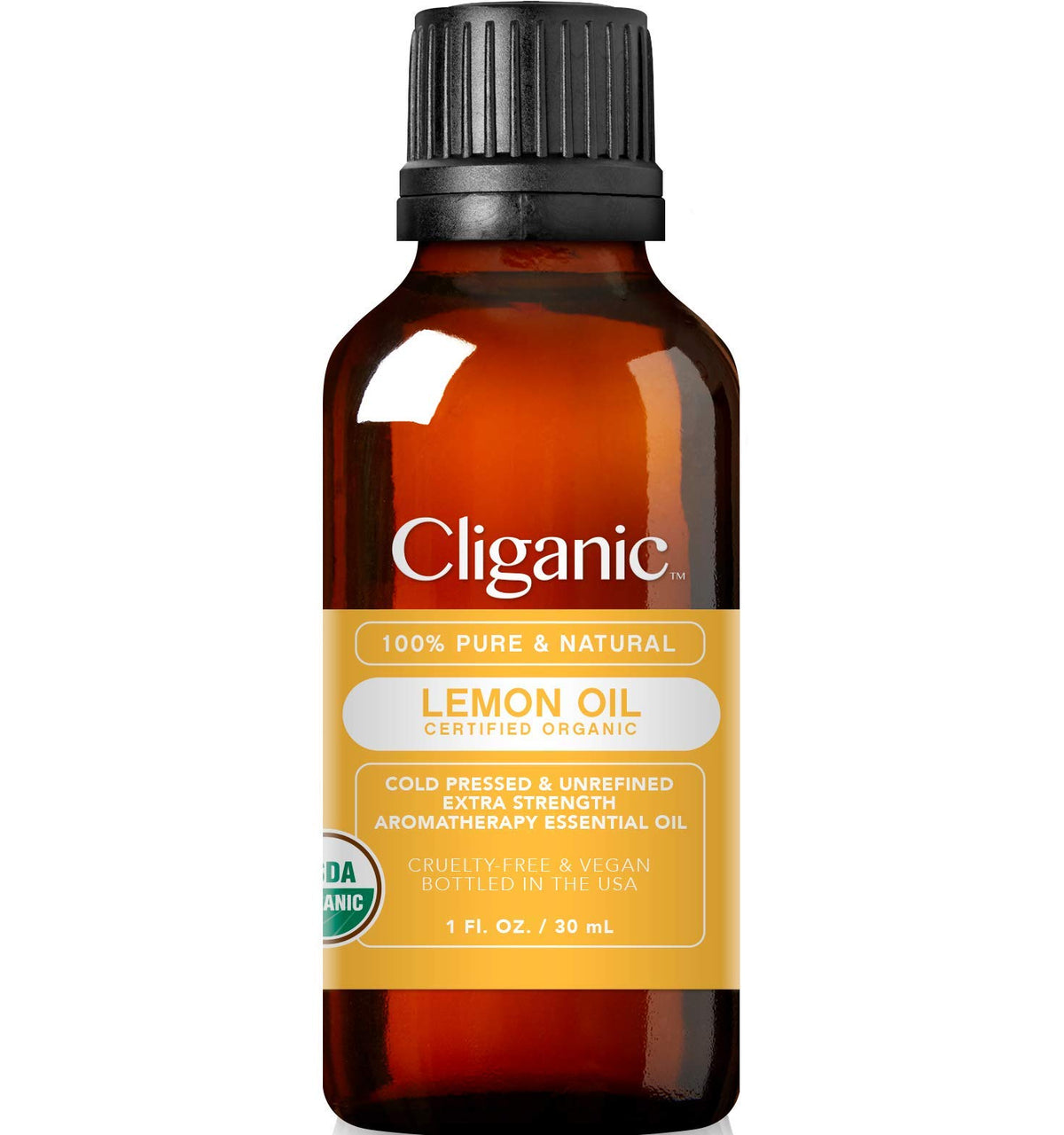 Cliganic Lemon Essential Oil bottle 1oz for pure aroma and easy diffusing.