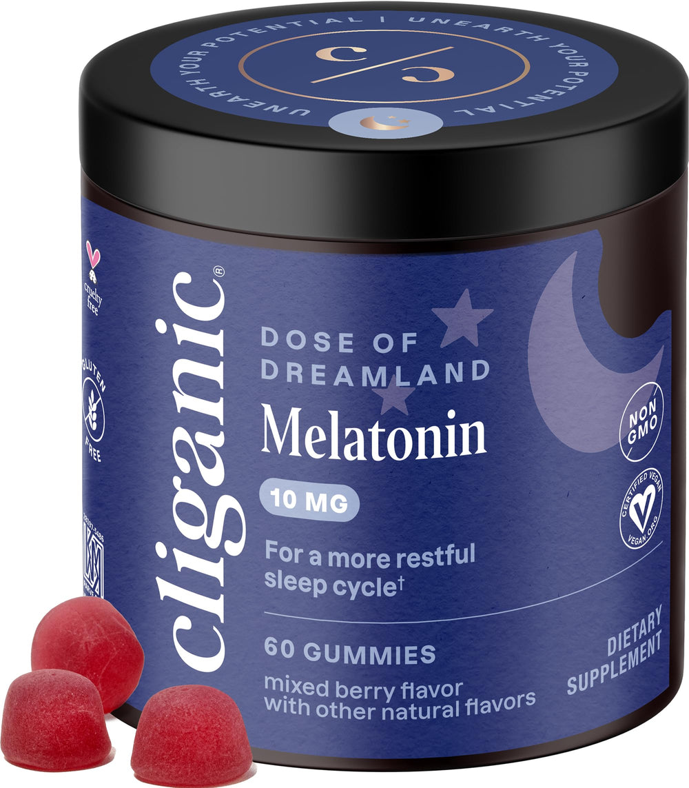 Cliganic Melatonin Gummies bottle front shows berry flavor for restful nights.