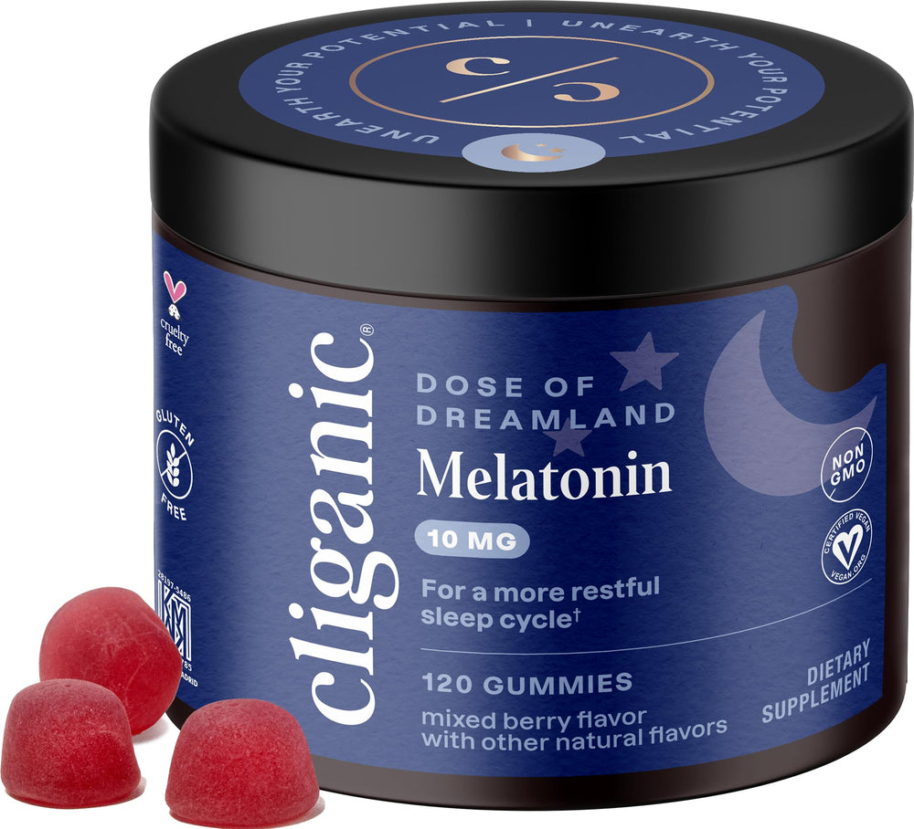 Cliganic Melatonin Gummies bottle front with berry flavor for nightly routine