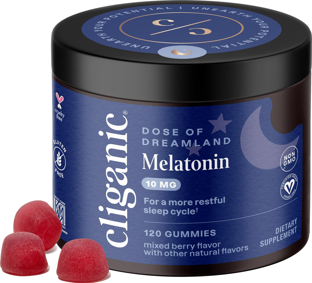Cliganic Melatonin Gummies bottle front with berry flavor for nightly routine