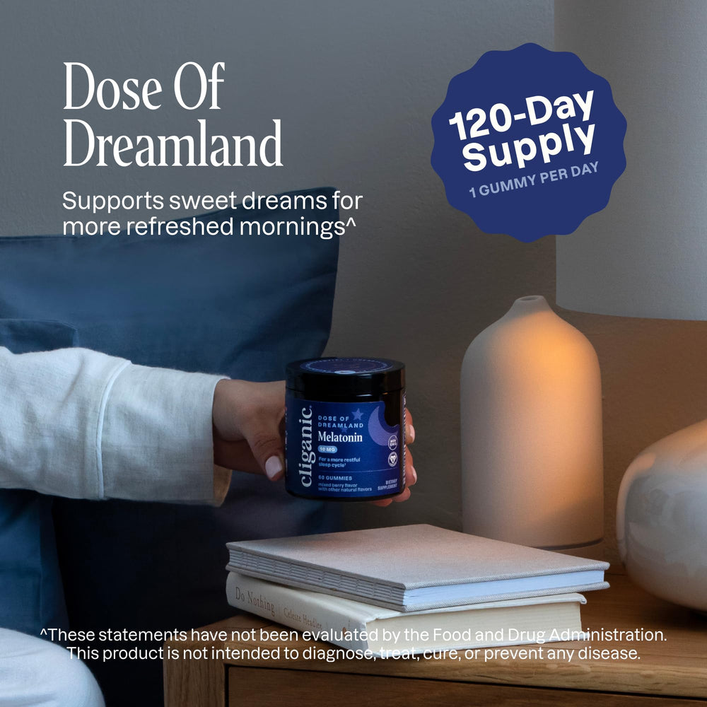 Cliganic Melatonin Gummies on white surface for easy nightly use