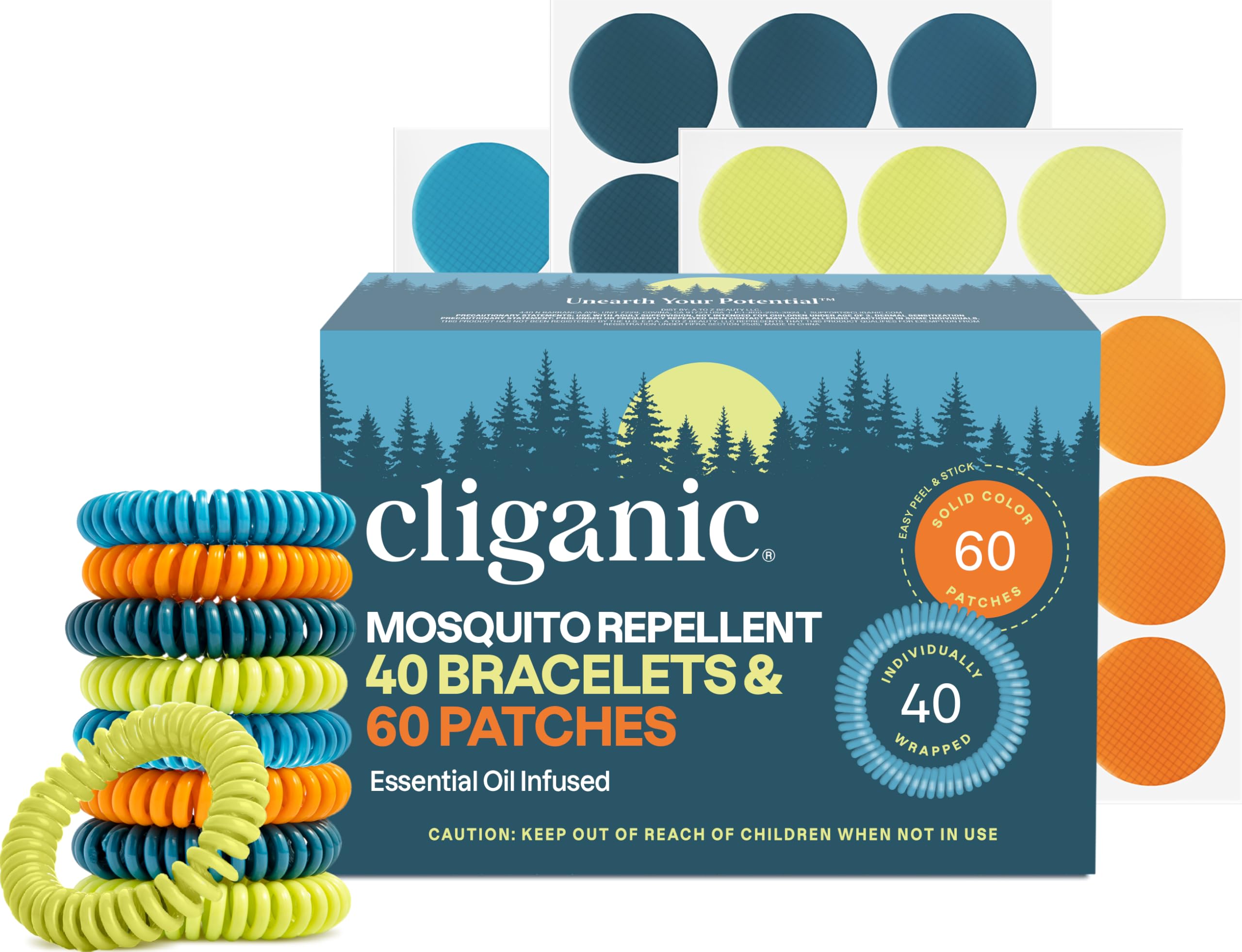 Cliganic mosquito bracelet set packaging showing 40 bands and 60 patches for outdoor use.