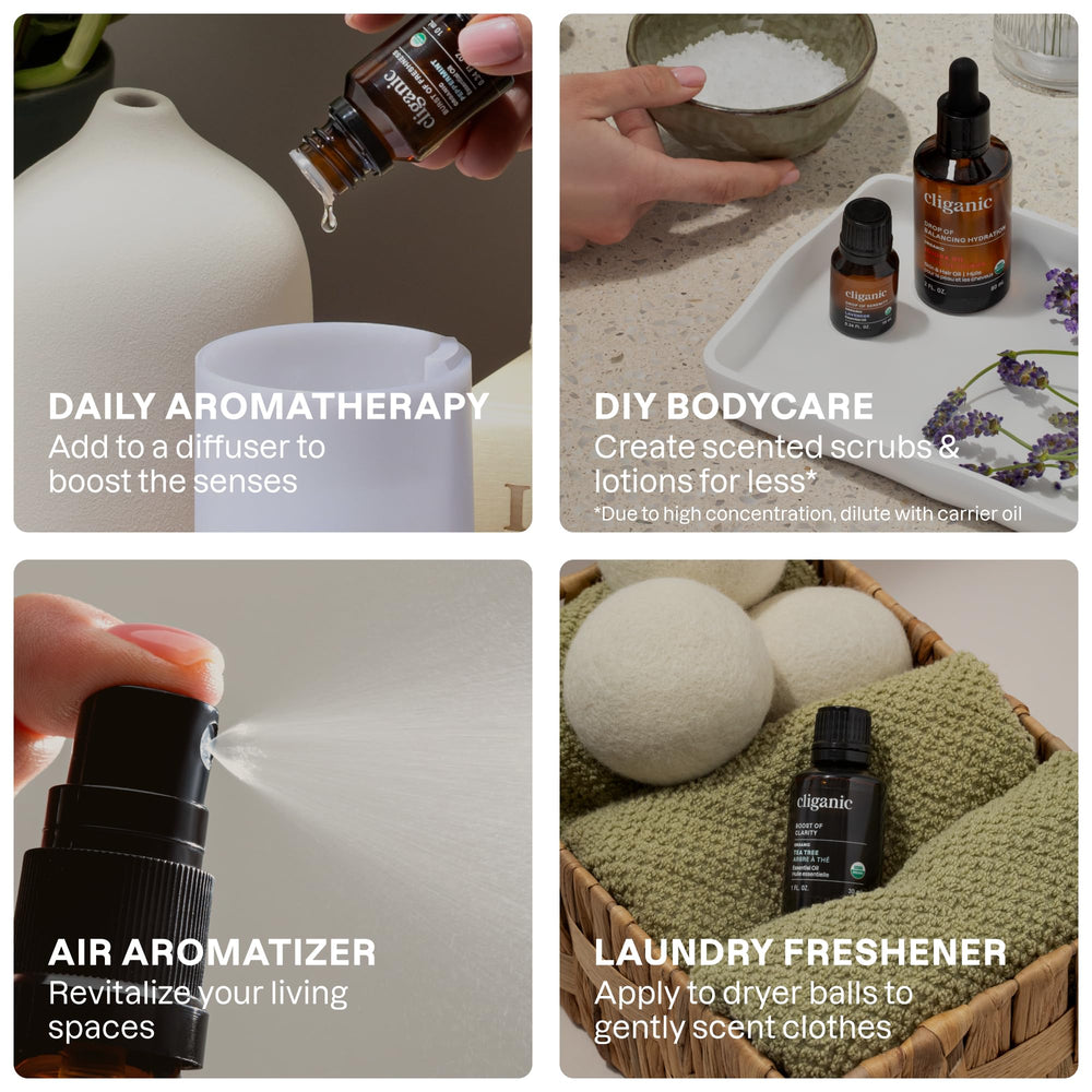 Cliganic orange essential oil bottle for uplifting citrus scent in diffusers.