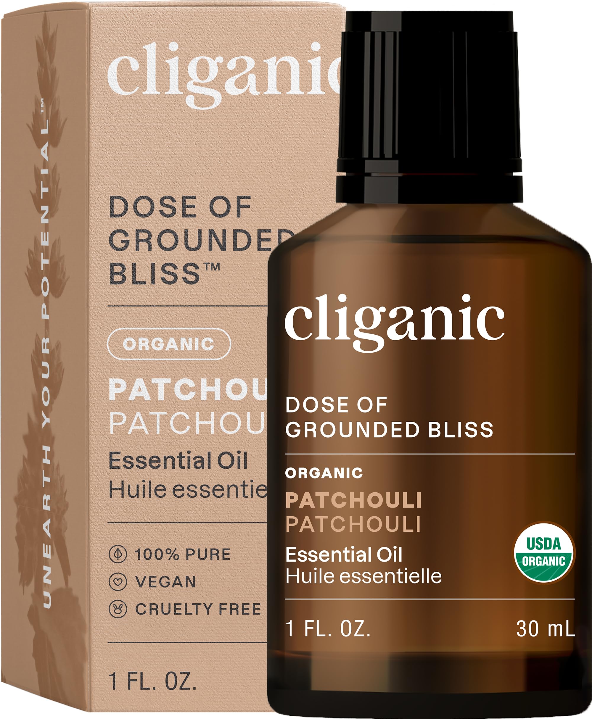 Cliganic Patchouli essential oil bottle highlights pure organic aroma for diffuser use.