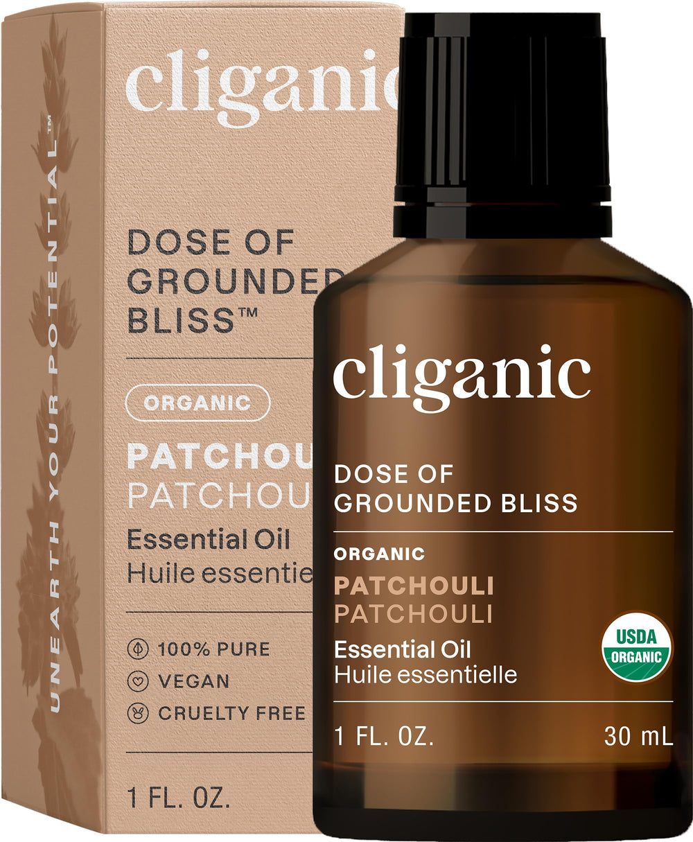 Cliganic Patchouli essential oil bottle highlights pure organic aroma for diffuser use.