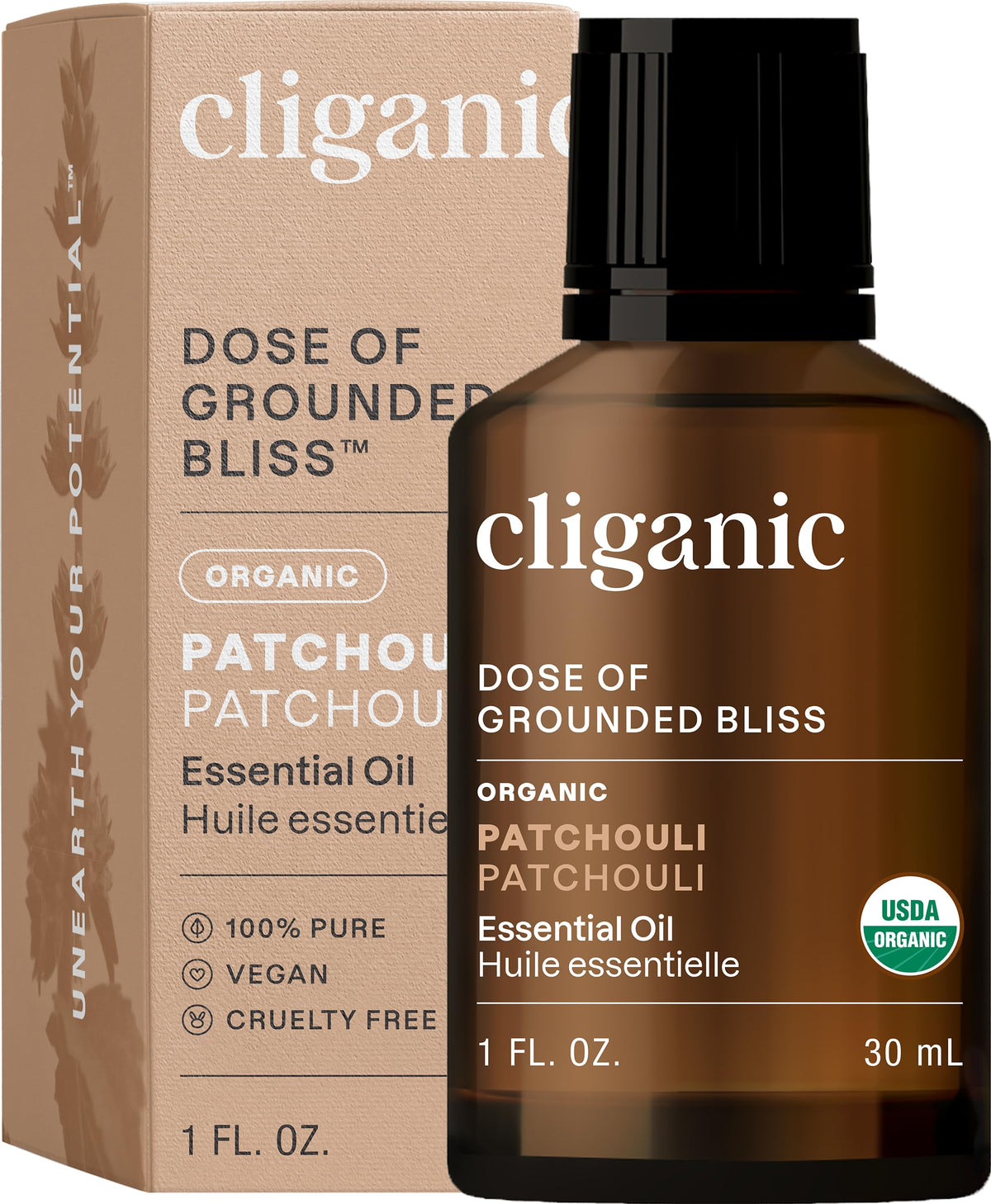 Cliganic Patchouli essential oil bottle highlights pure organic aroma for diffuser use.