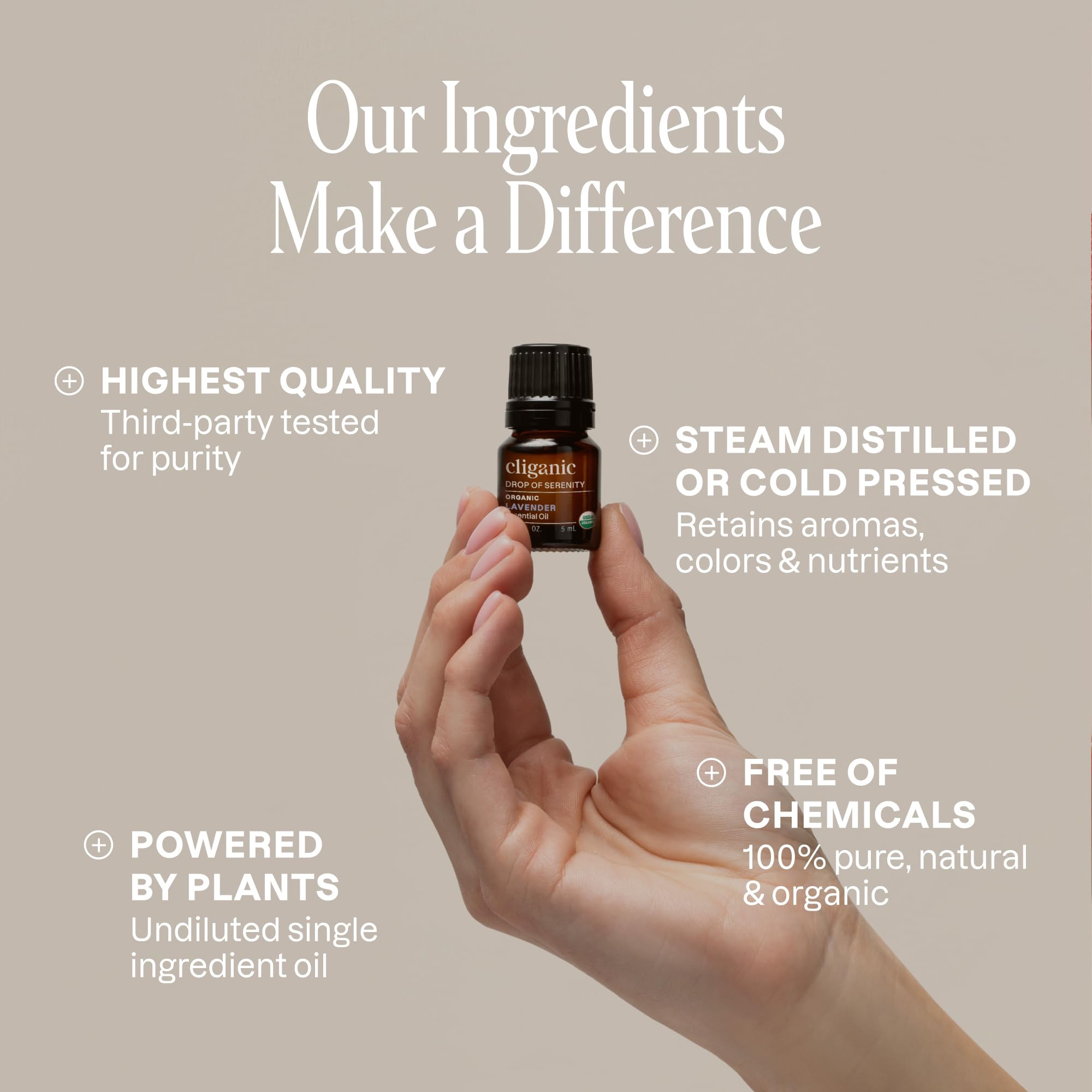 Cliganic rosemary essential oil bottle for aromatic blends and hair care routines.