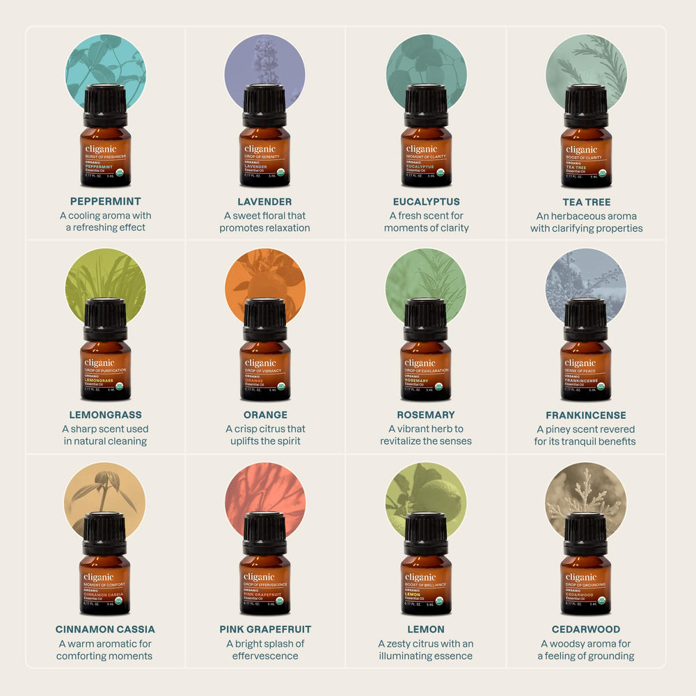 Cliganic tea tree essential oil bottle for purifying spaces and natural care.