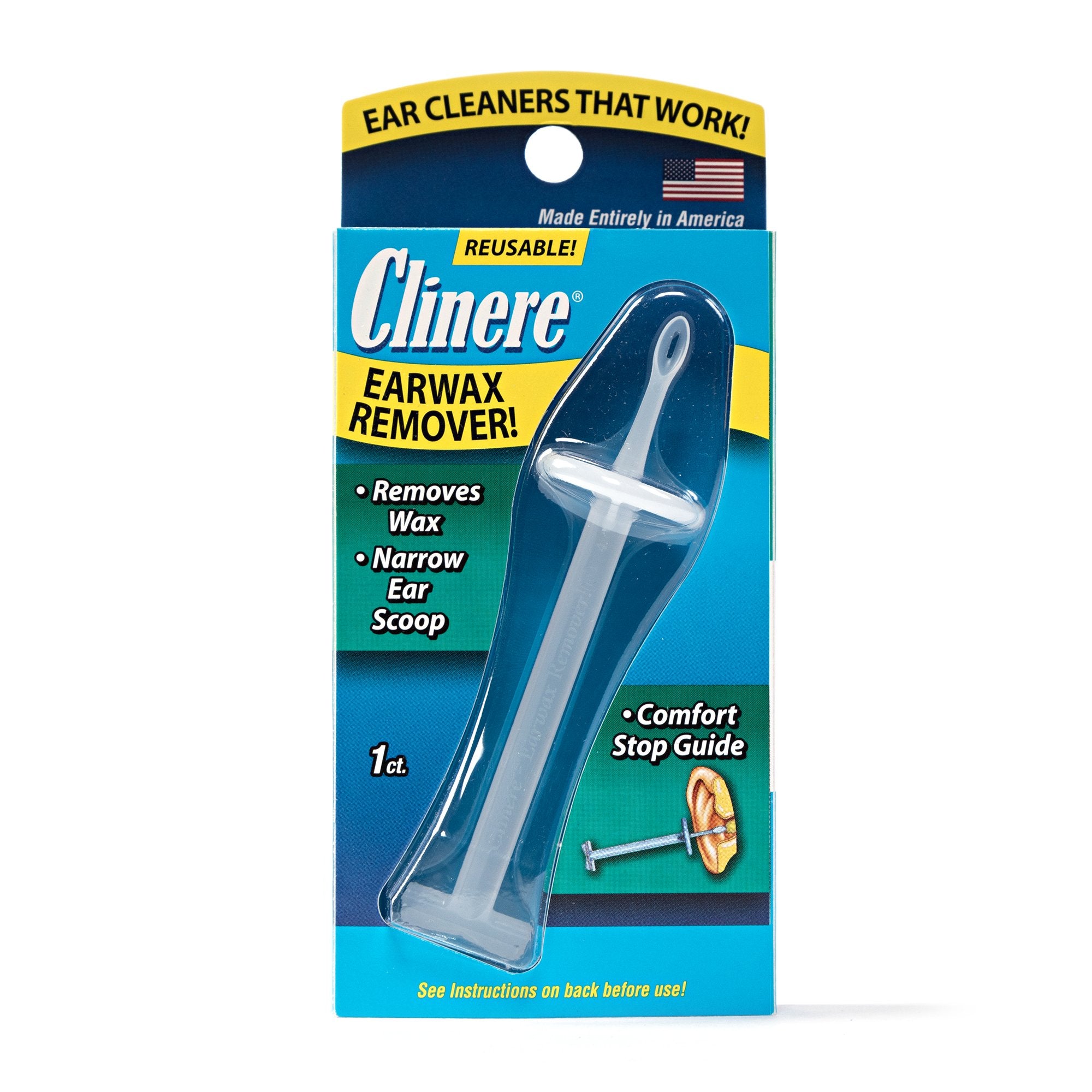 Clinere Comfort Guide ear cleaner with packaging shown for safer at-home ear care.
