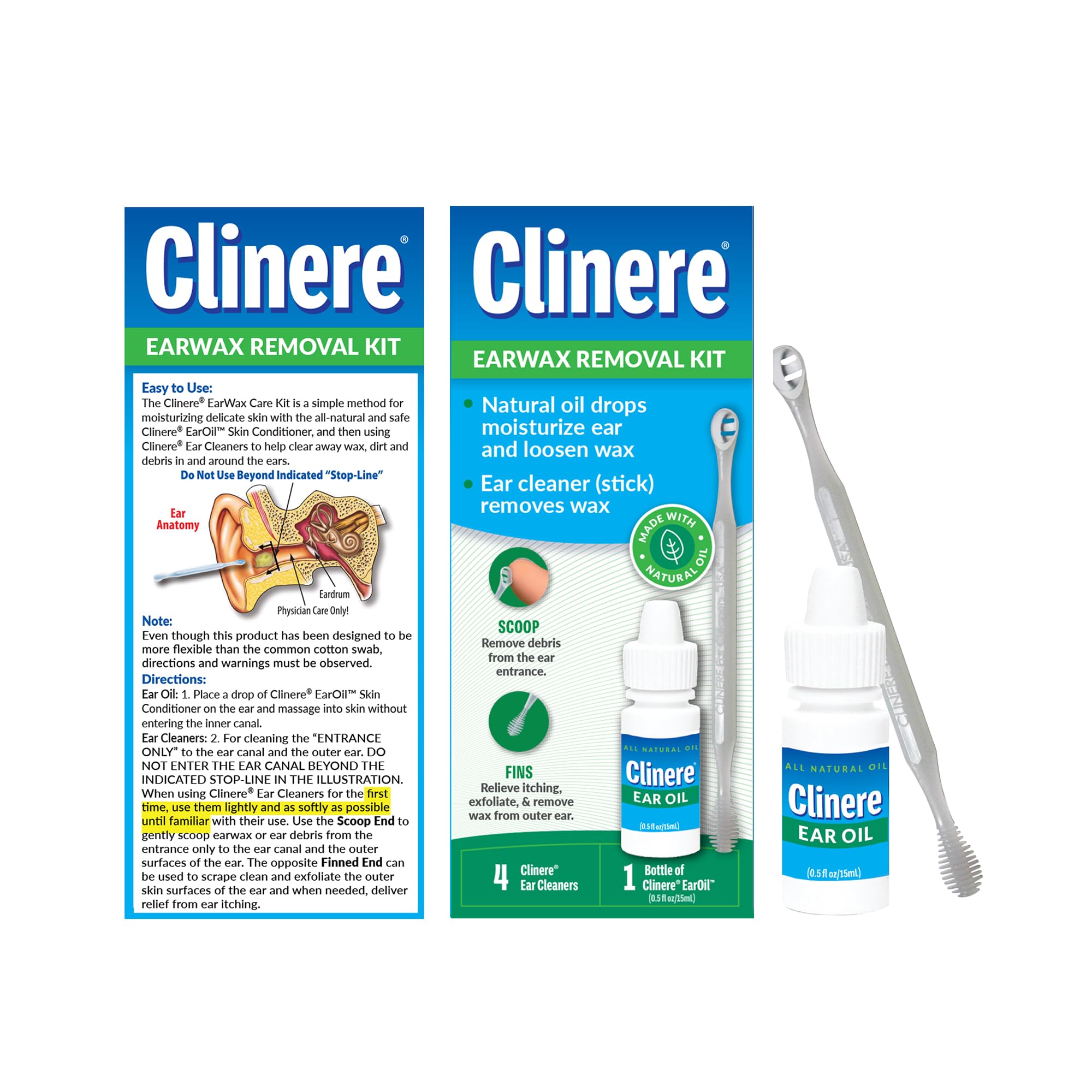 Clinere ear oil conditioner with natural drops highlighting gentle softening of wax