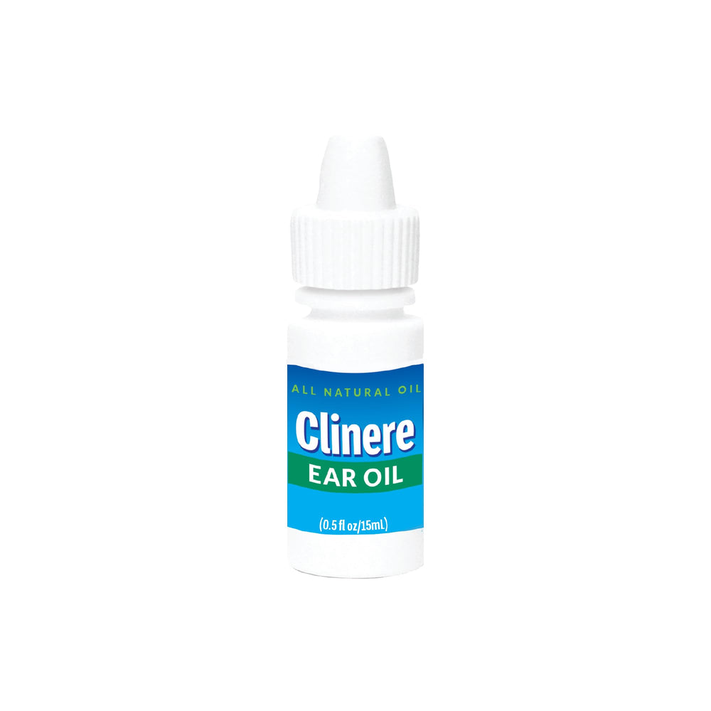 Clinere ear oil conditioner and tips shown for travel-friendly care