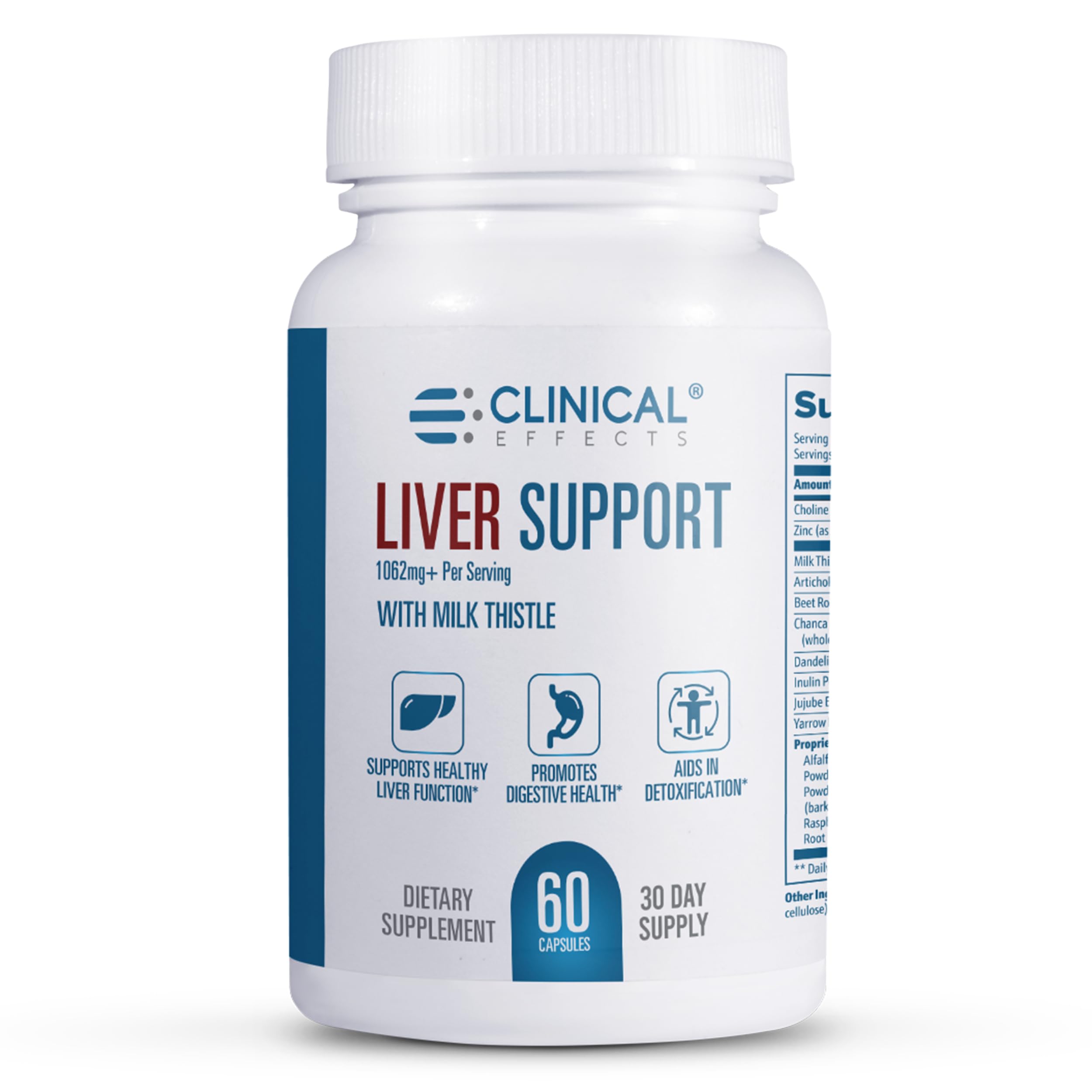 Clinical Effects Liver Support capsules featuring milk thistle for detox support.