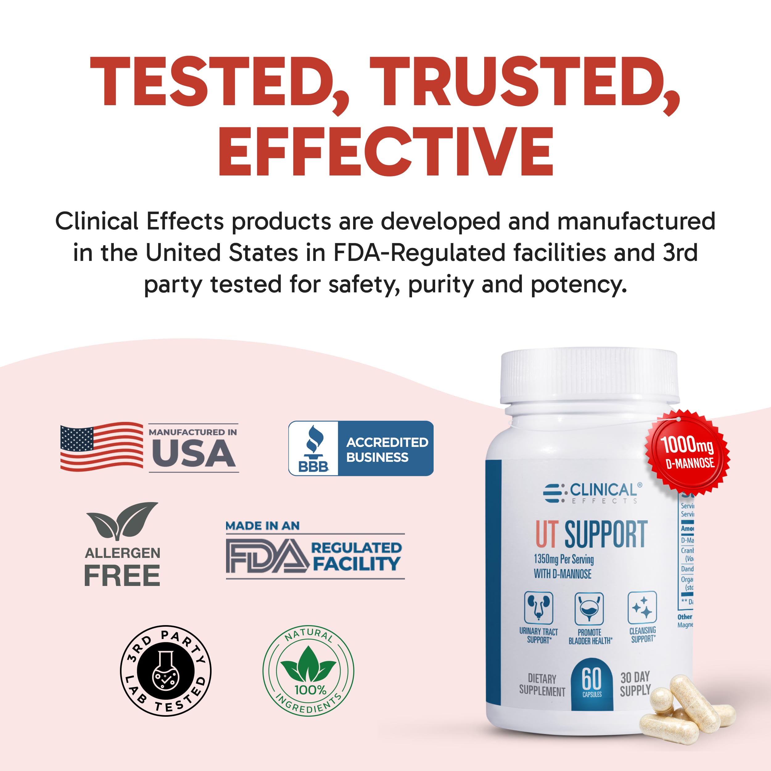Clinical Effects UT Support USA-made badge signals quality manufacturing.