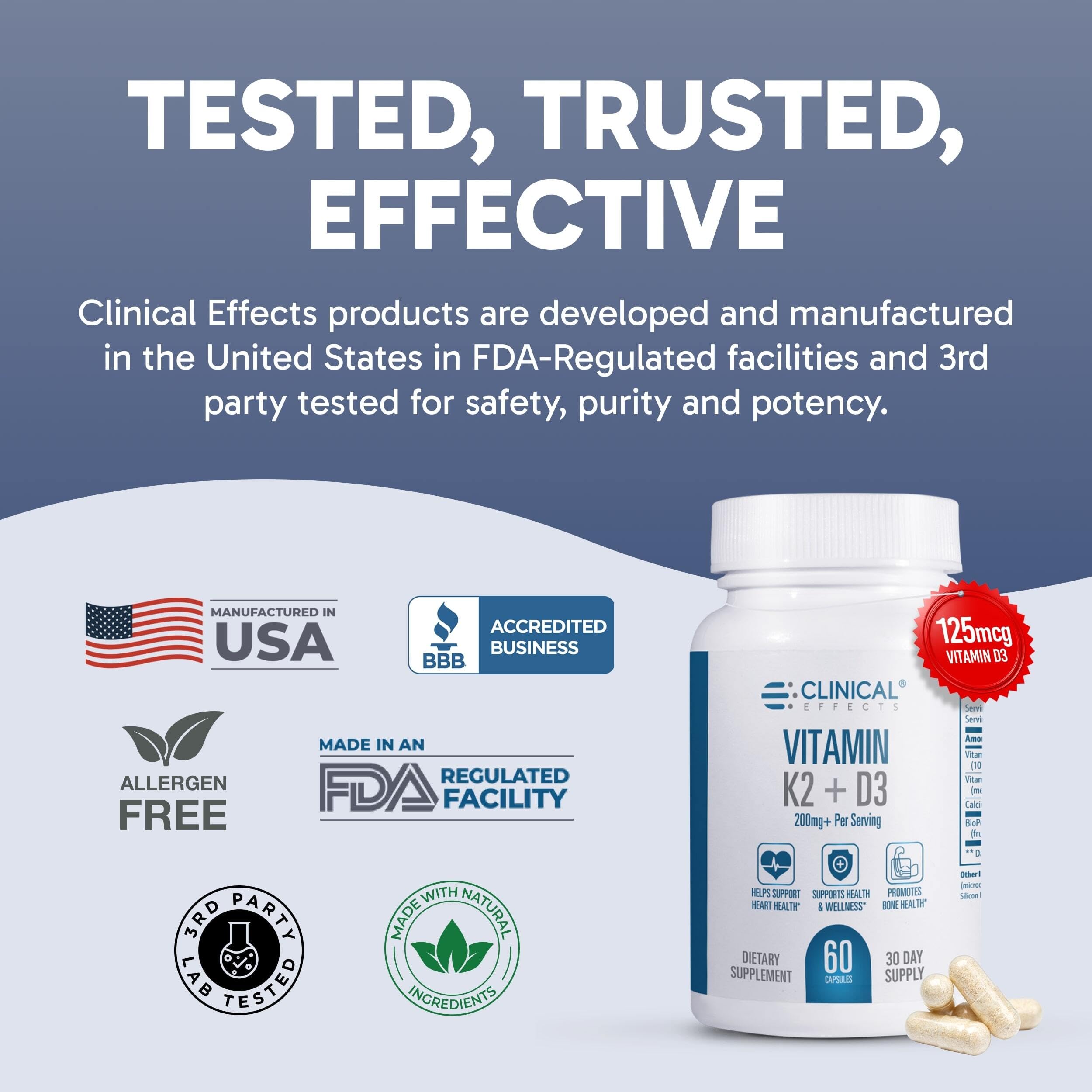 Clinical Effects Vitamin K2 + D3 bottle back with serving size and directions.