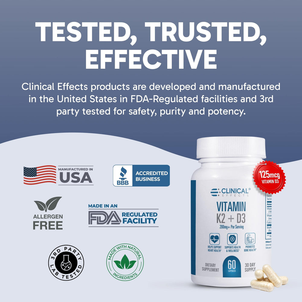 Clinical Effects Vitamin K2 + D3 bottle back with serving size and directions.