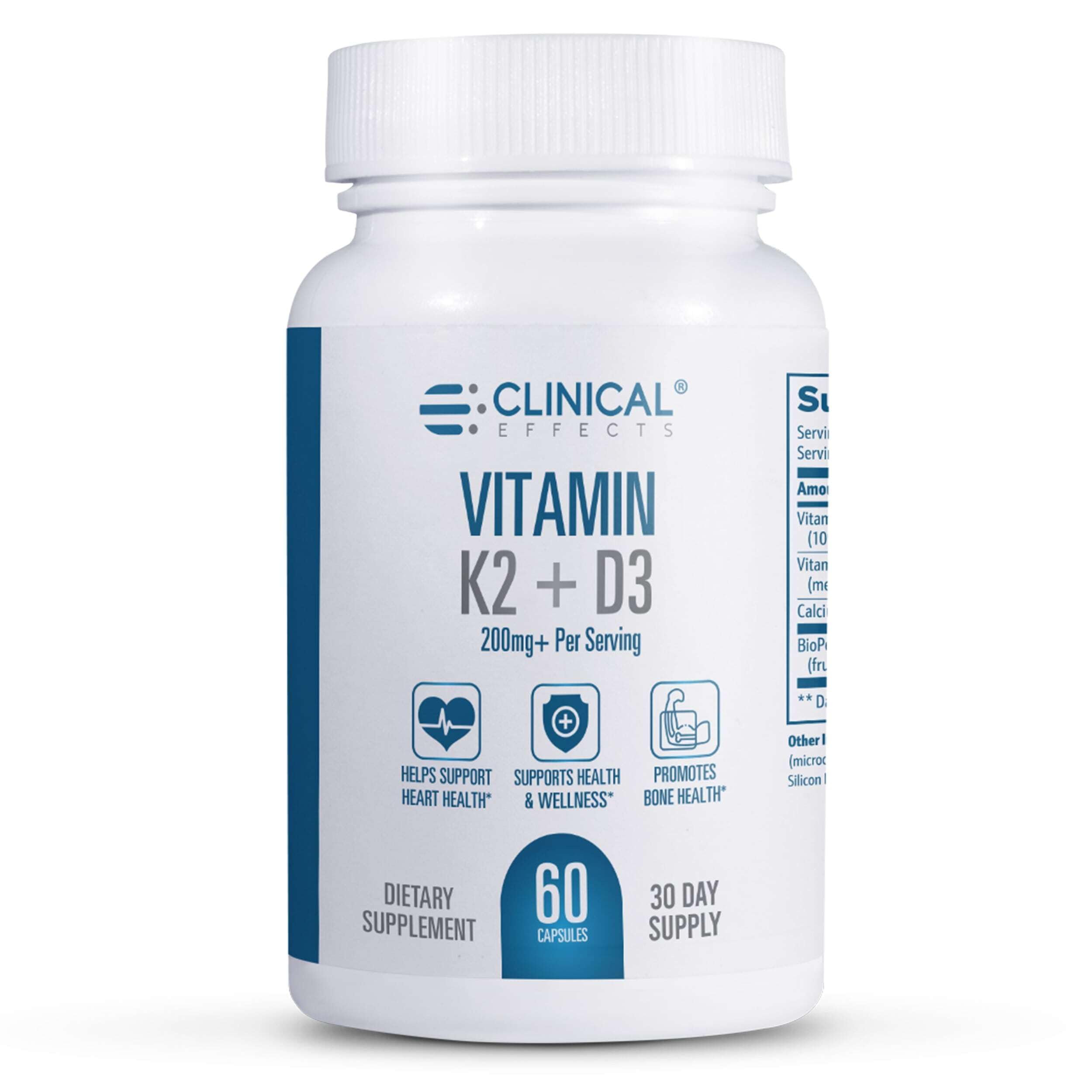 Clinical Effects Vitamin K2 + D3 bottle front highlighting bone-supporting formula.