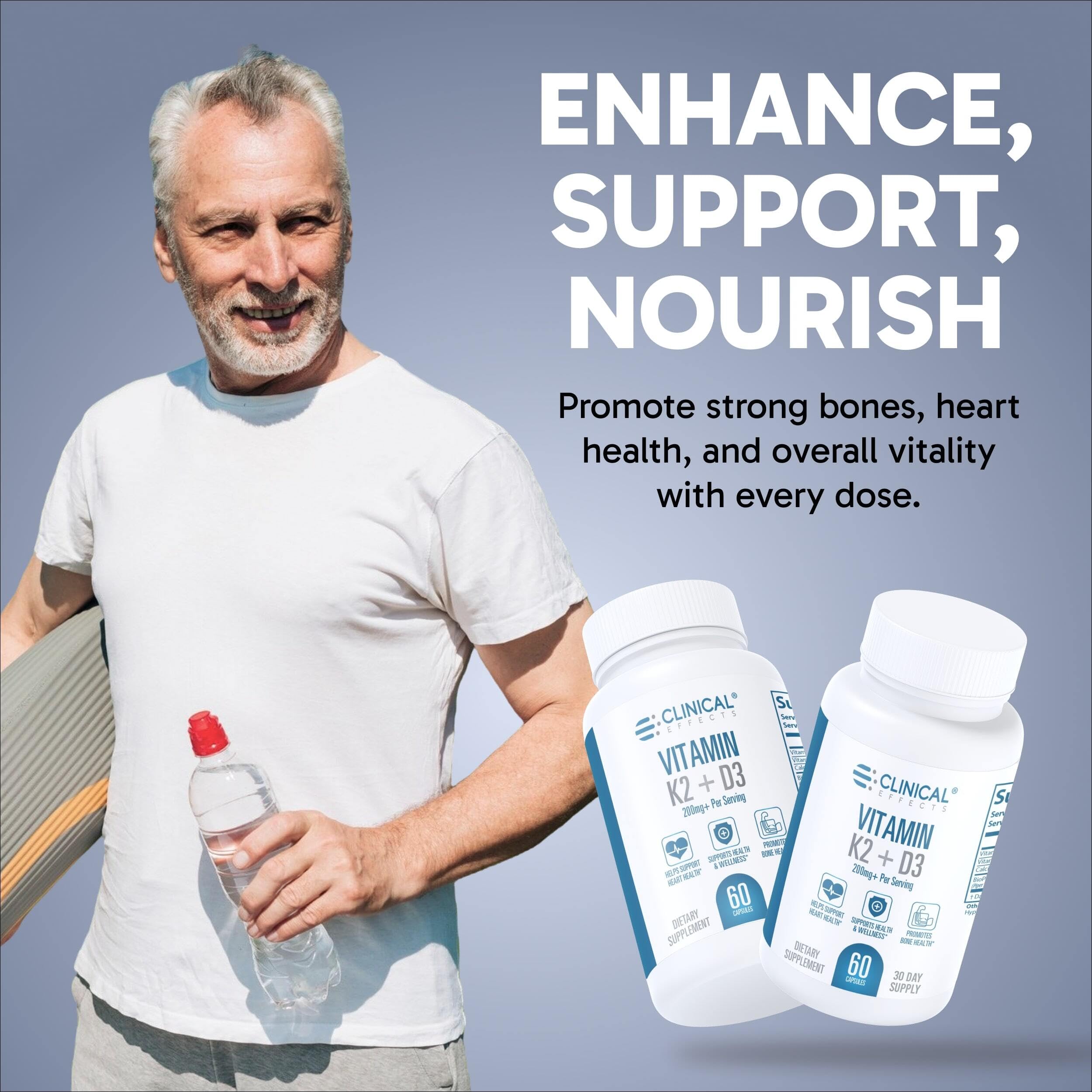 Clinical Effects Vitamin K2 + D3 capsules closeup showing non-GMO ingredients.