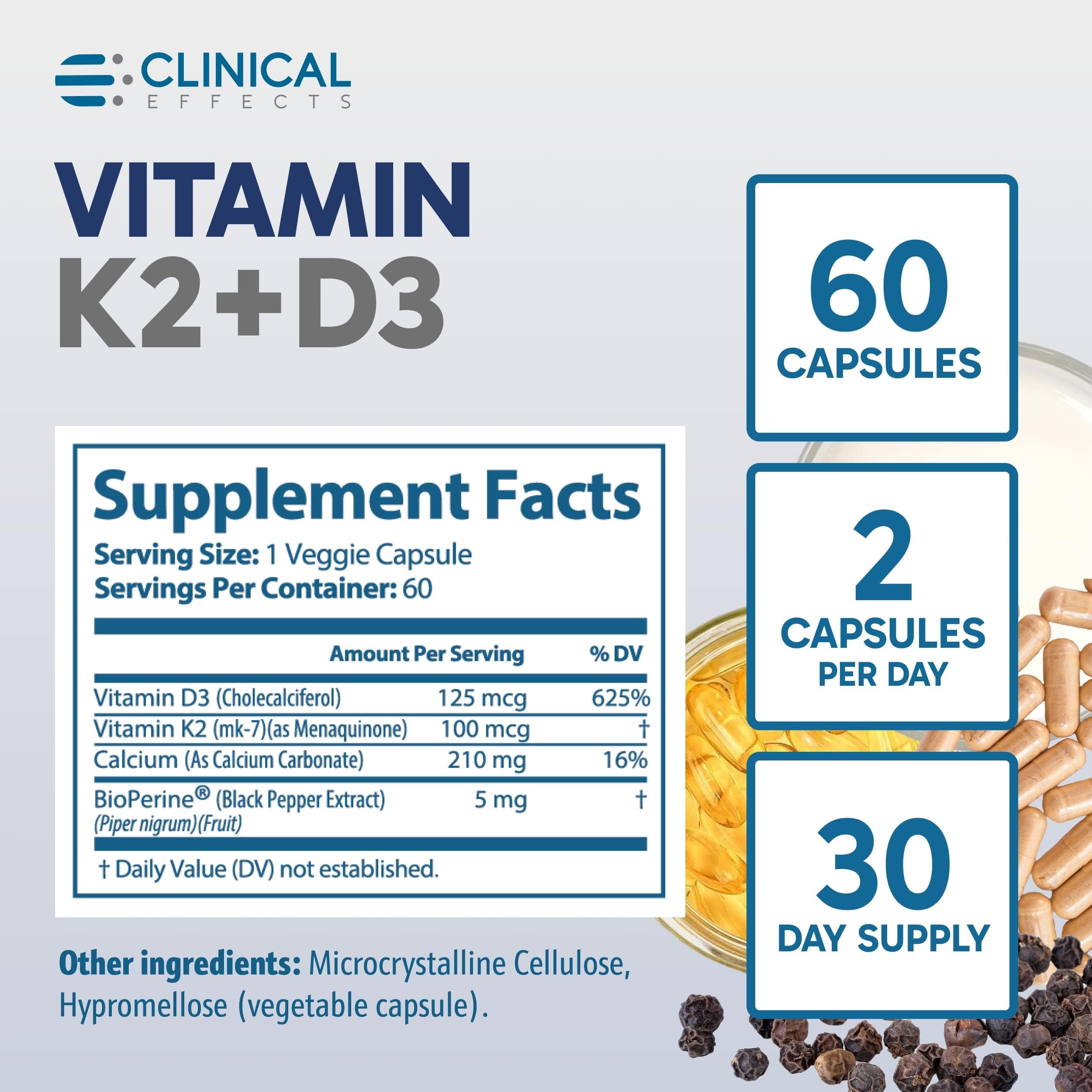 Clinical Effects Vitamin K2 + D3 USA manufacturing stamp indicating quality.